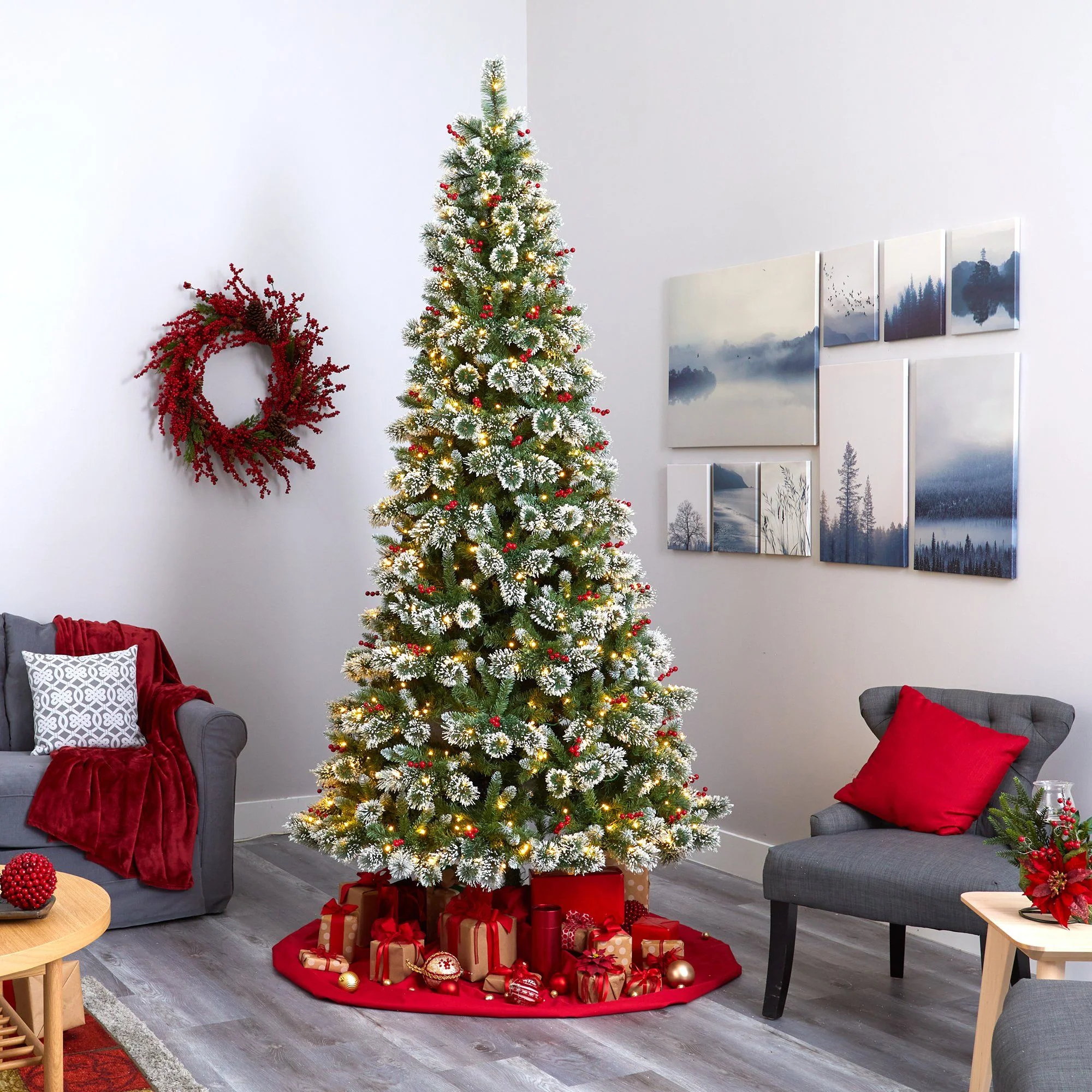9’ Frosted Swiss Pine Artificial Christmas Tree with 700 Clear LED Lights and Berries - Image 6