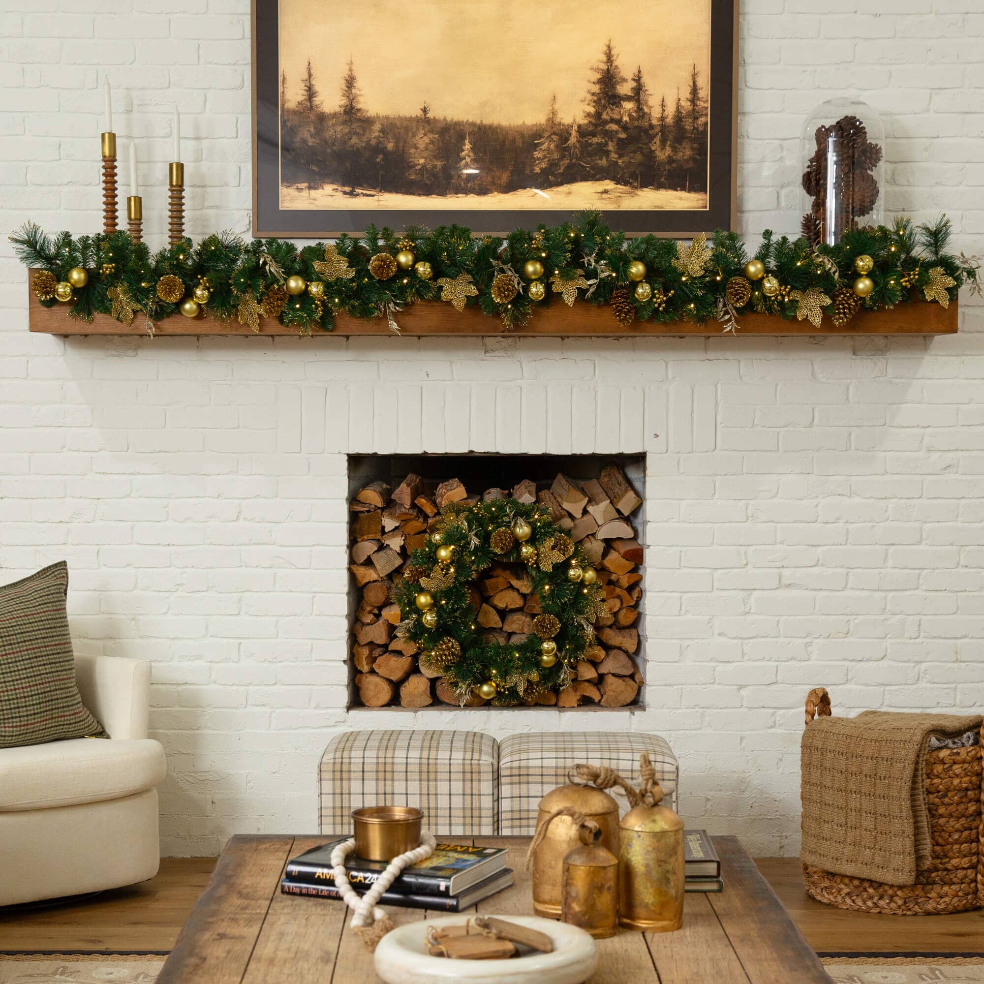 9' Pre-Lit Artificial Golden Frosted Christmas Garland with 50 Warm White LED Lights Pinecones, Berries and Ornaments - Image 3