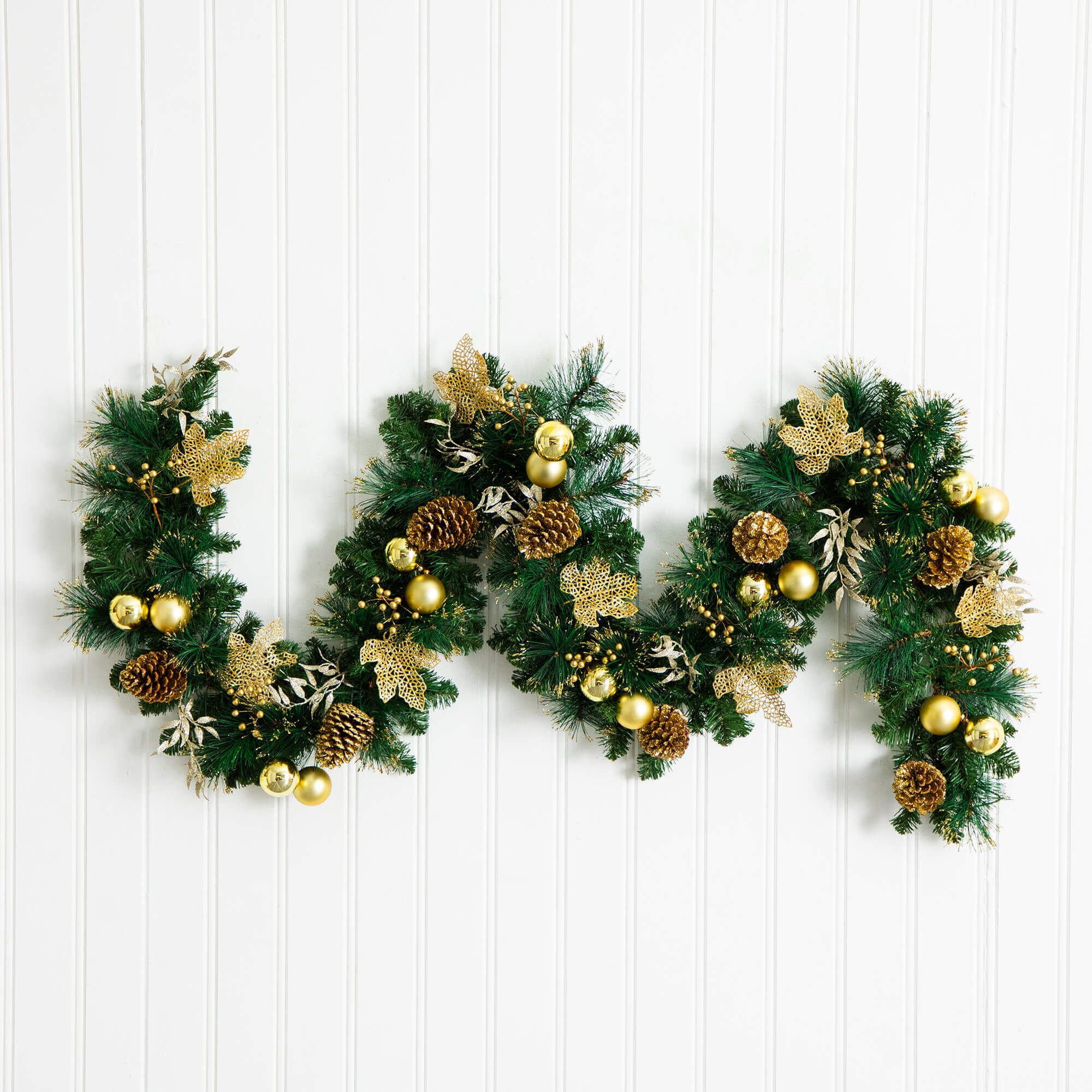 9' Pre-Lit Artificial Golden Frosted Christmas Garland with 50 Warm White LED Lights Pinecones, Berries and Ornaments - Image 4