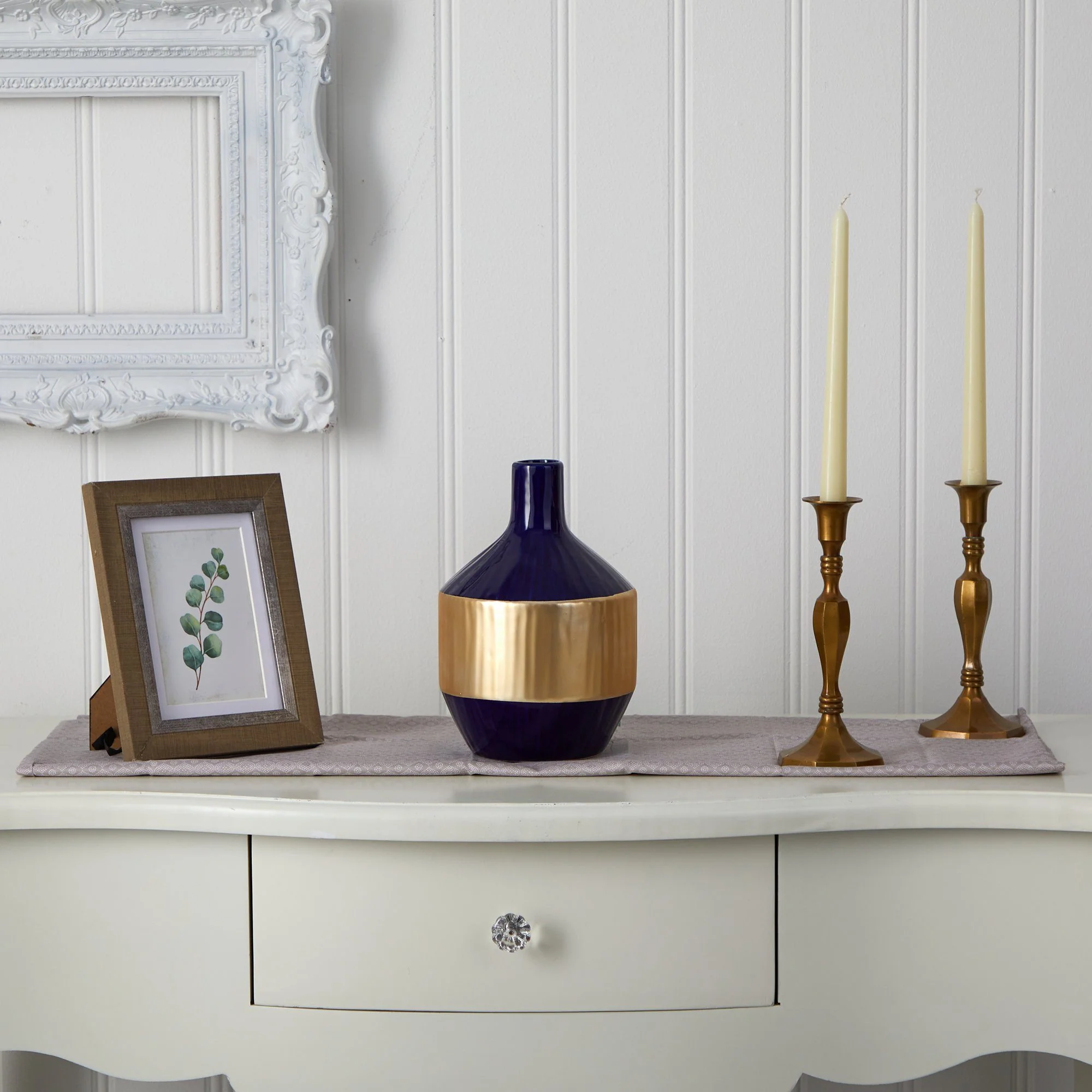 9” Lux Blue Ceramic Vase with Gold Band - Image 3