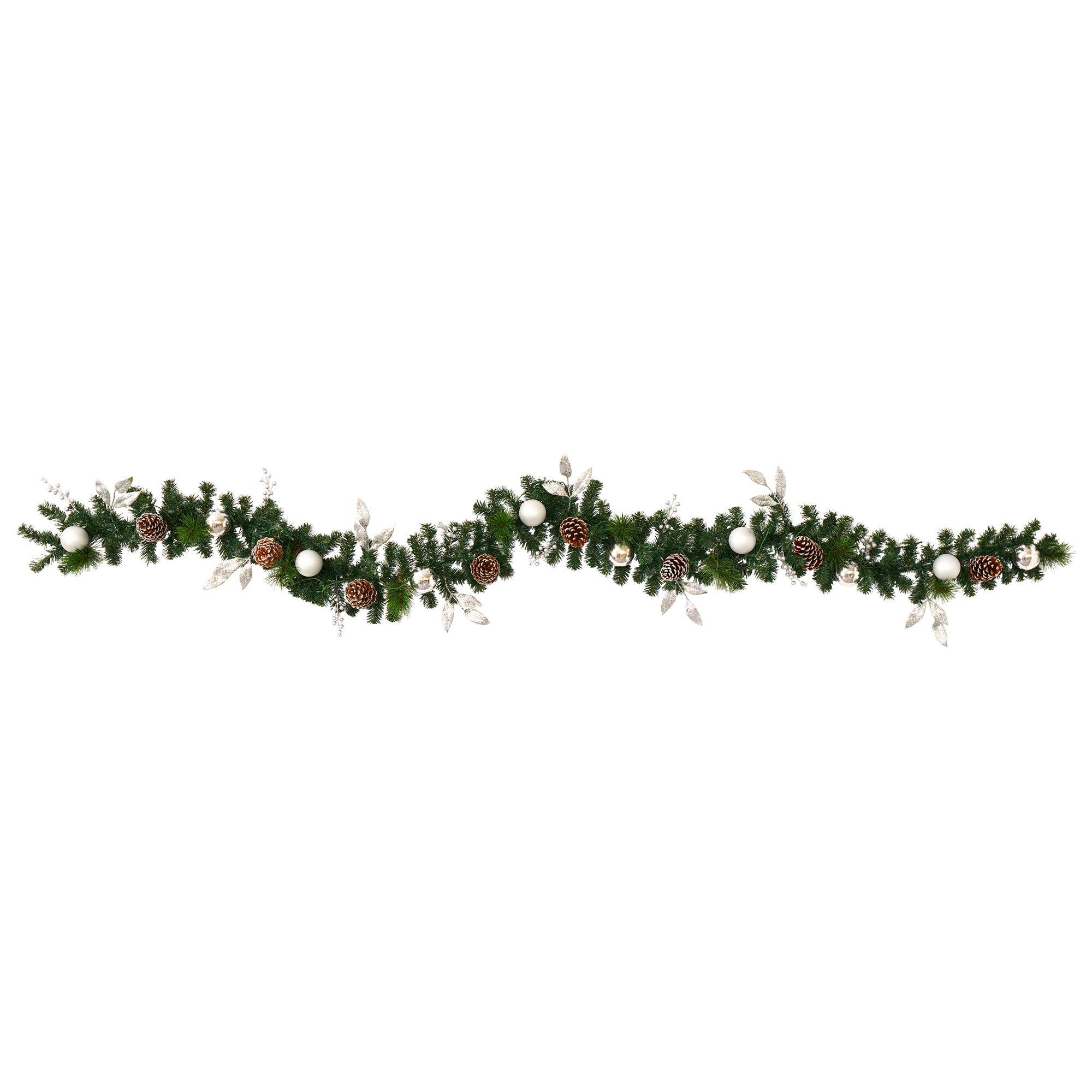 9’ Ornament and Pinecone Artificial Christmas Garland with 50 Clear LED Lights - Image 3