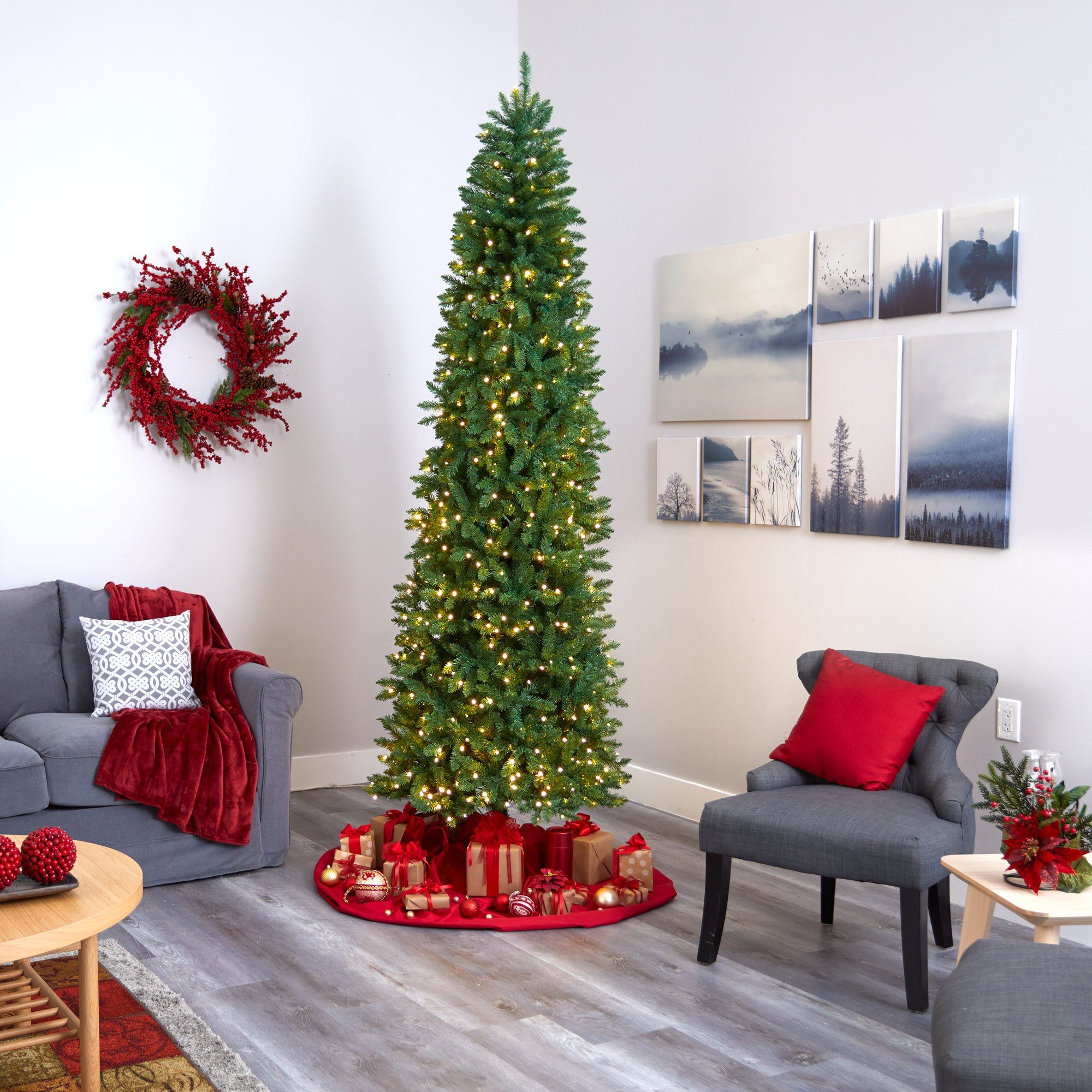 9’ Slim Green Mountain Pine Artificial Christmas Tree with 600 Clear LED Lights - Image 5
