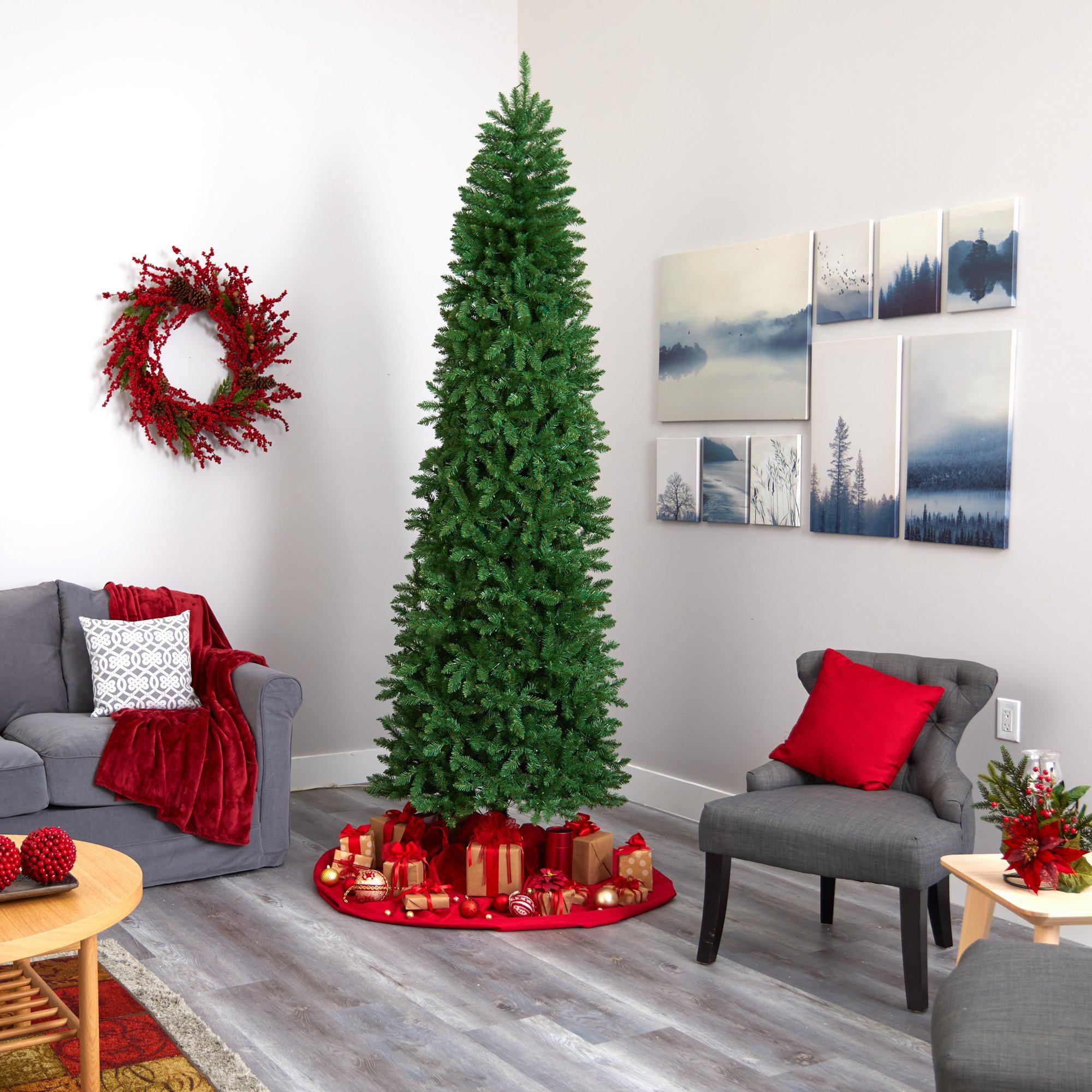 9’ Slim Green Mountain Pine Artificial Christmas Tree with 600 Clear LED Lights - Image 6