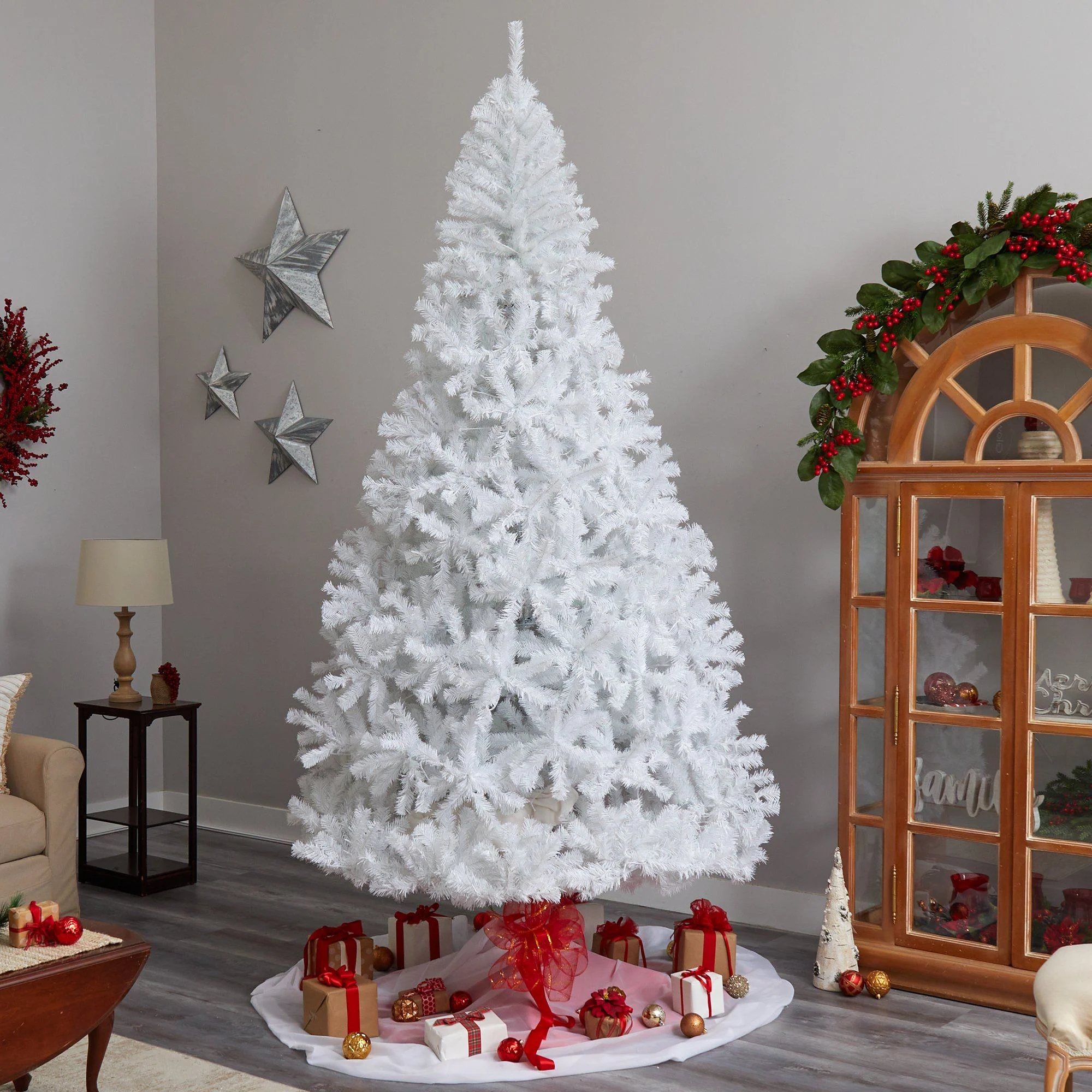 9' White Artificial Christmas Tree with 1860 Bendable Branches and 650 LED Lights - Image 8