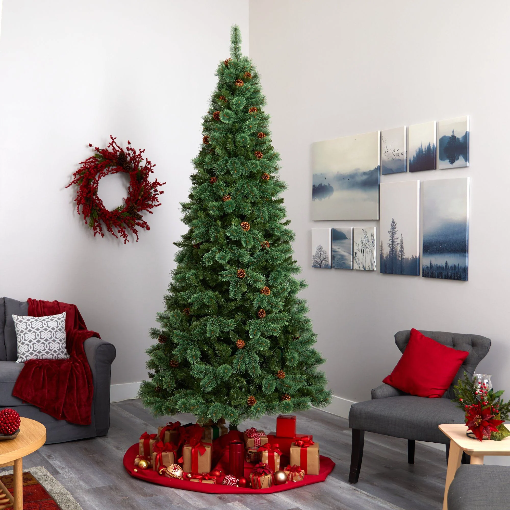 9’ White Mountain Pine Artificial Christmas Tree with 650 Clear LED Lights and Pine Cones - Image 6
