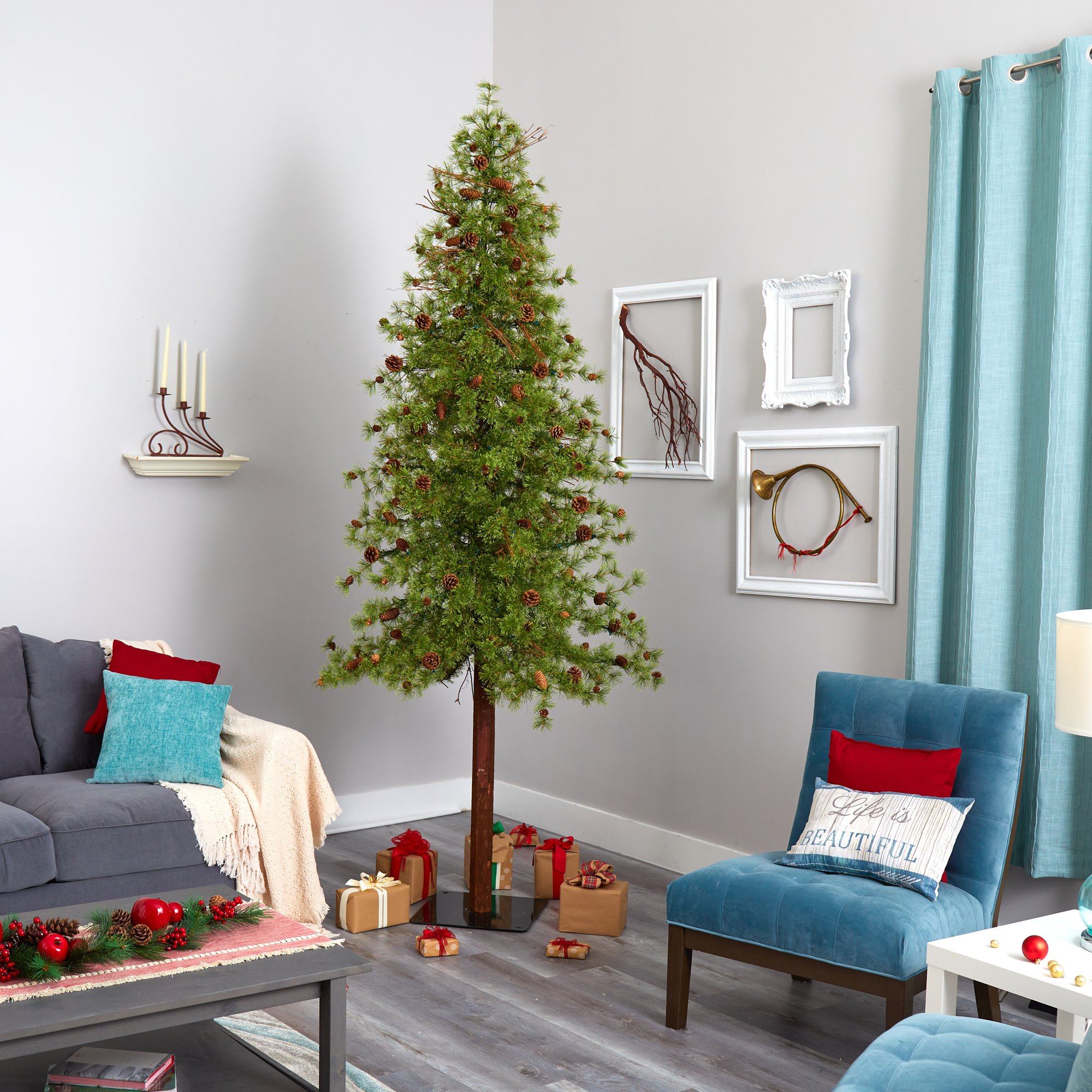 9' Wyoming Alpine Artificial Christmas Tree with 300 Clear (multifunction) LED Lights and Pine Cones on Natural Trunk - Image 6