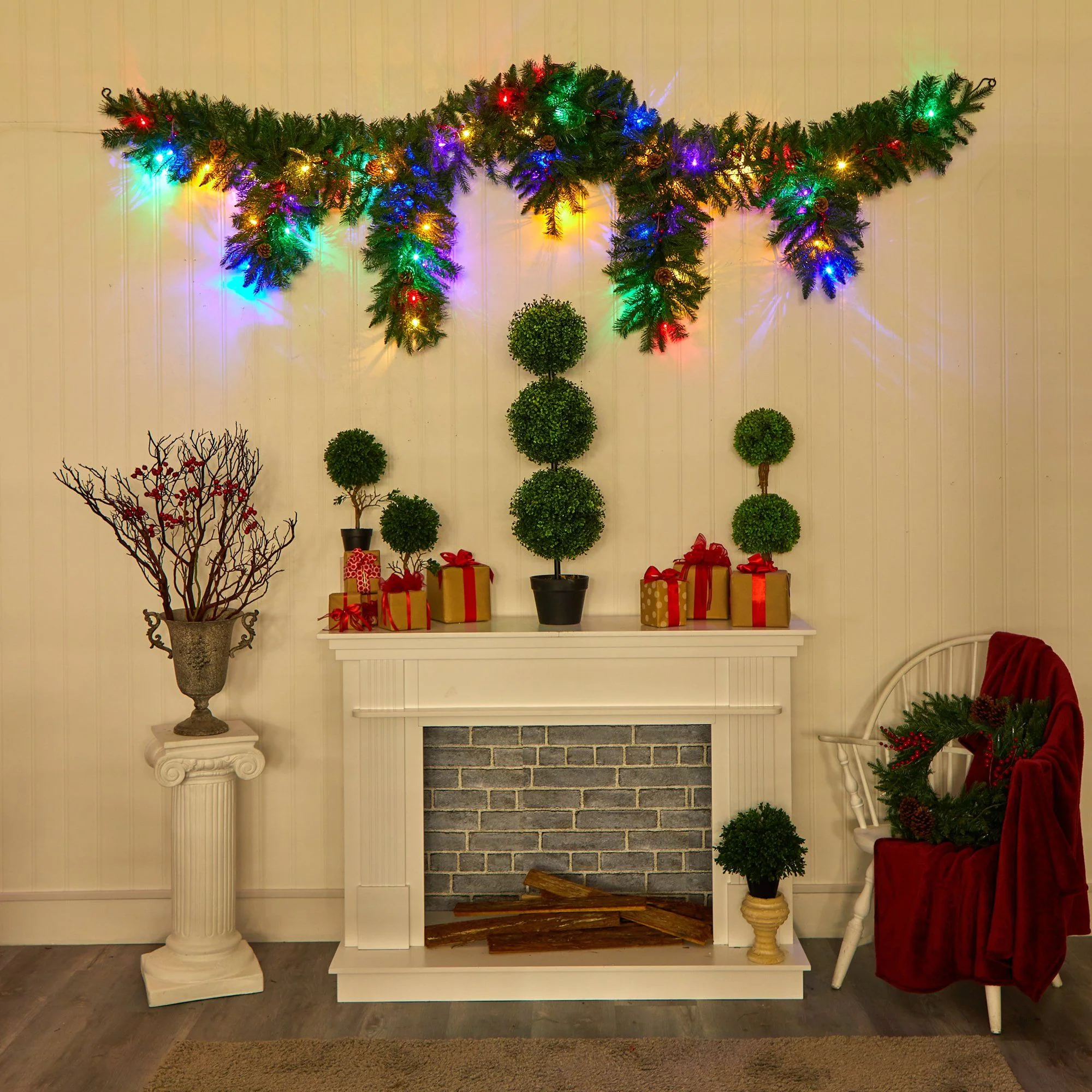9' x 12” Hanging Icicle Artificial Christmas Garland with 50 Multicolored LED Lights, Berries and Pine Cones - Image 5