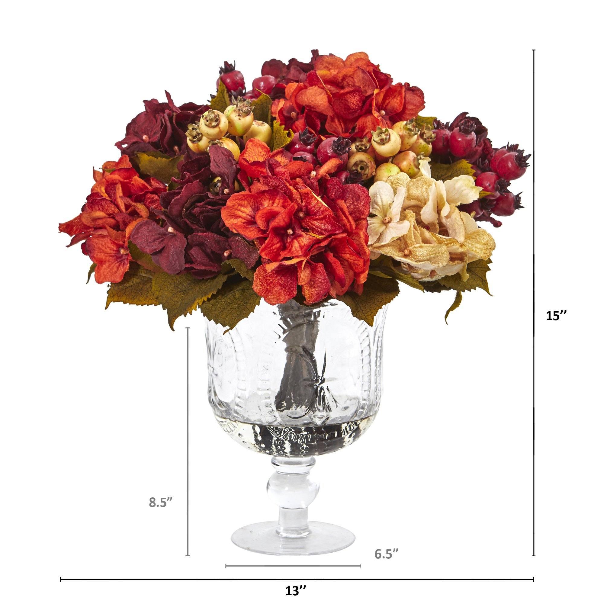 Autumn Hydrangea Berry Artificial Arrangement in Glass Urn - Image 2