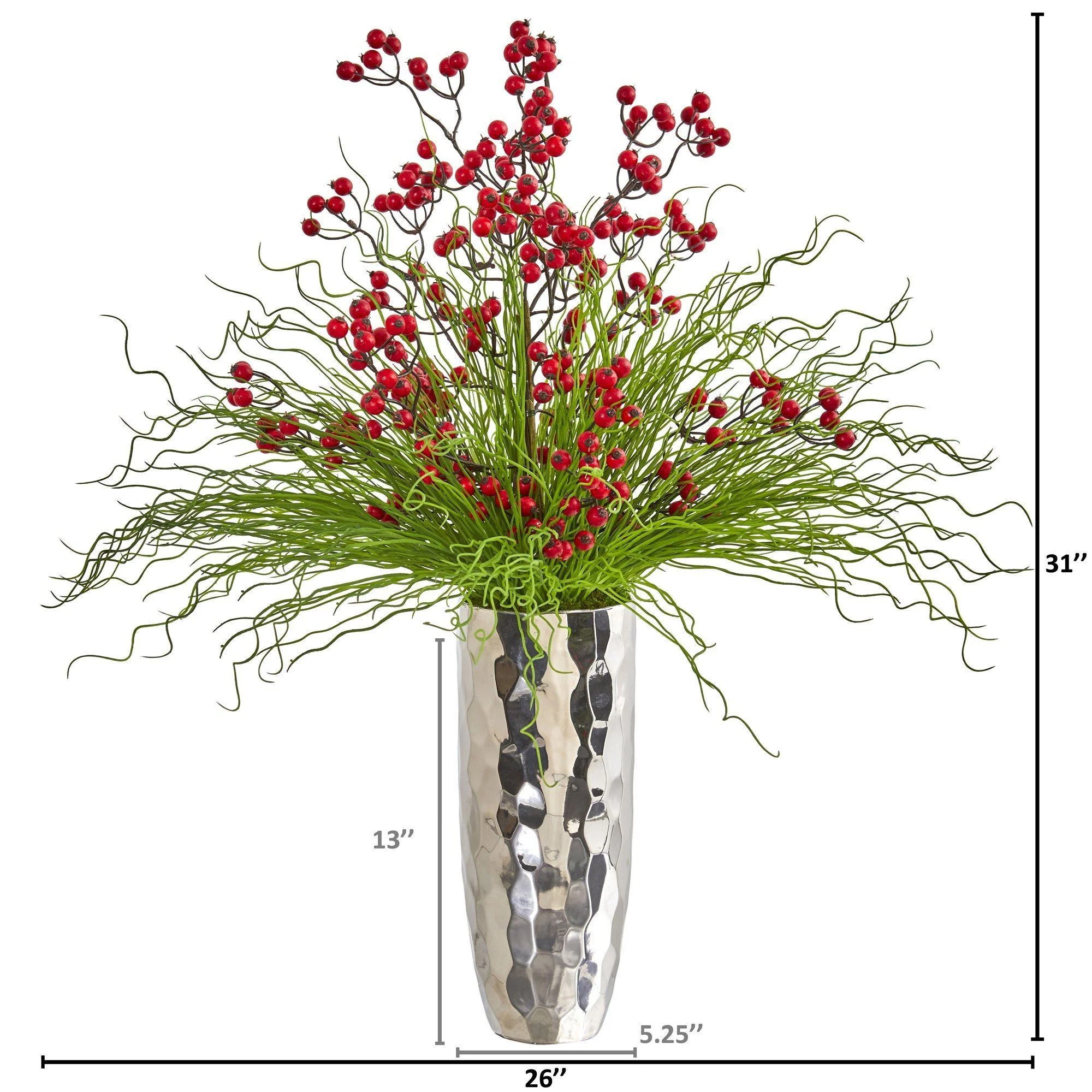 Berry and Grass Artificial Arrangement in Silver Vase - Image 2