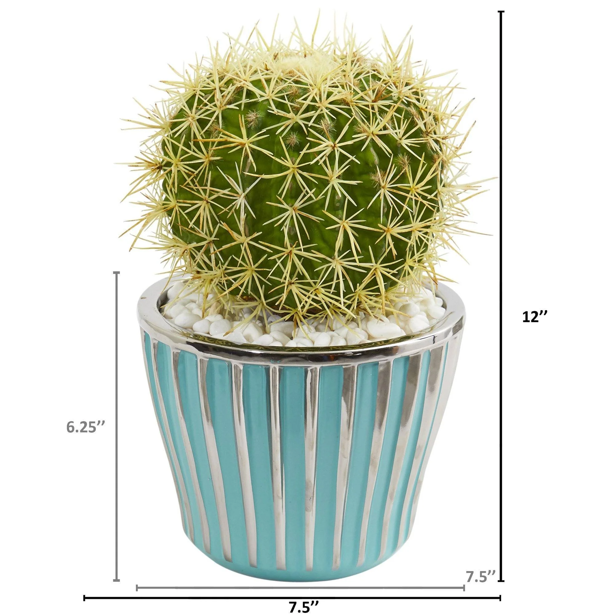 Cactus Artificial Plant in Turquoise Vase with Silver Trimming - Image 2