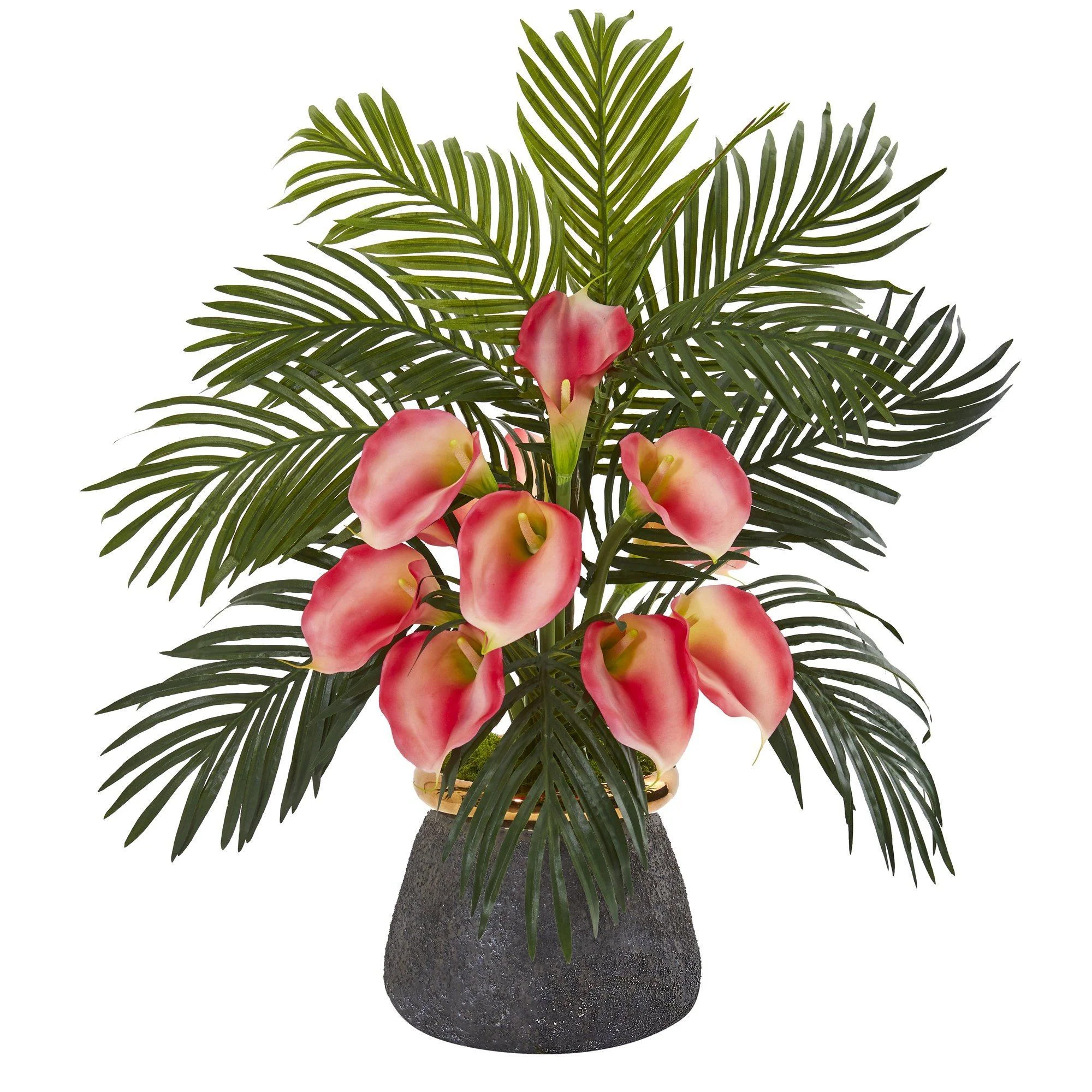 25” Calla Lilly and Areca Palm Arrangement in Stoneware Vase - Image 2