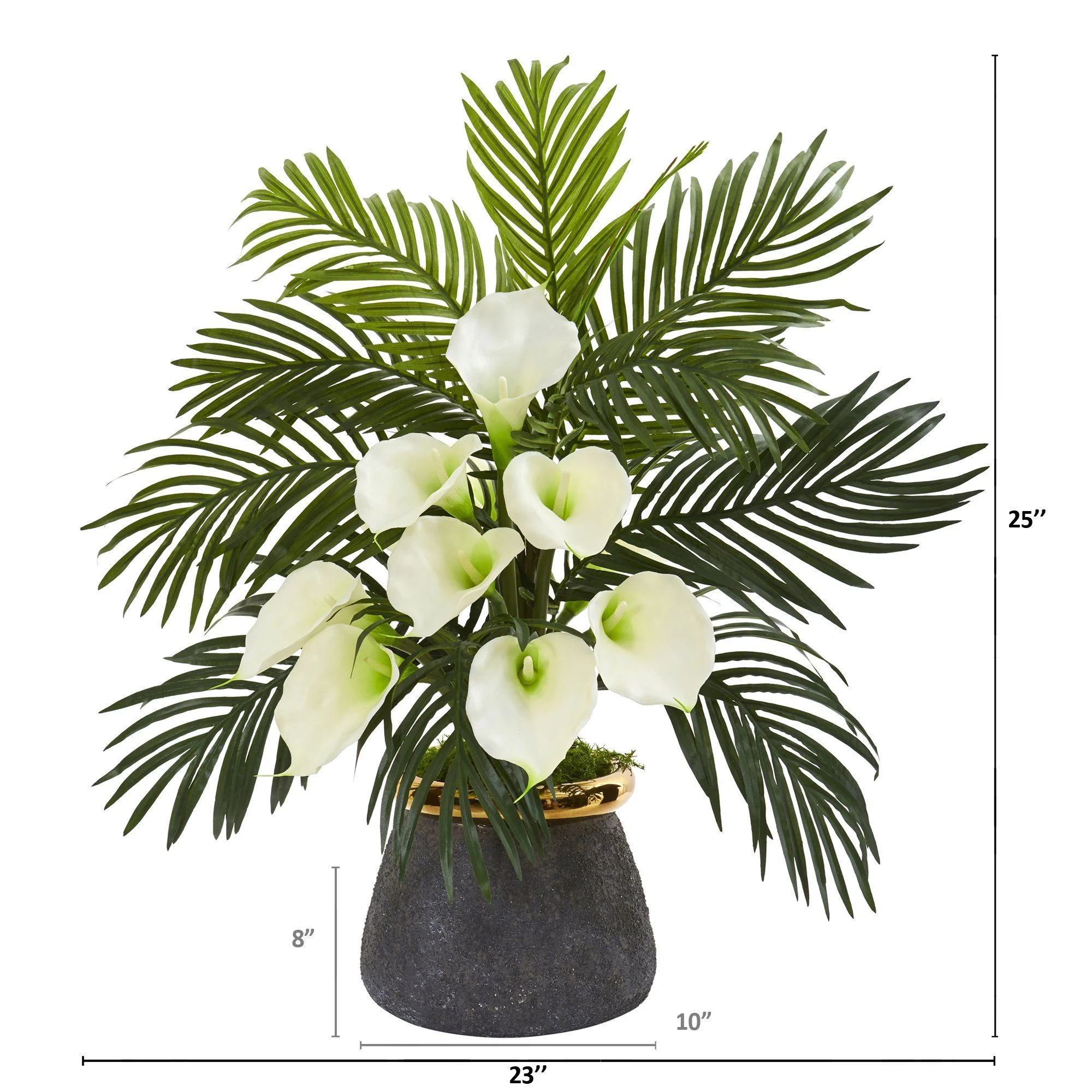 25” Calla Lilly and Areca Palm Arrangement in Stoneware Vase - Image 3