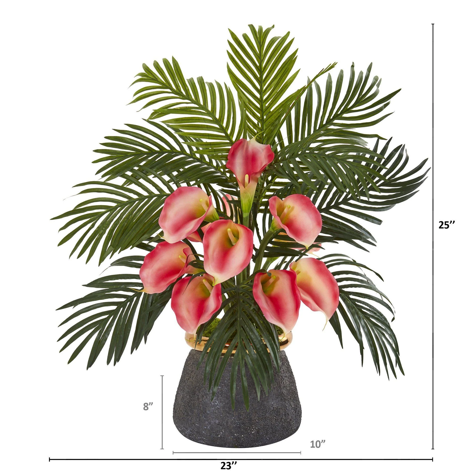 25” Calla Lilly and Areca Palm Arrangement in Stoneware Vase - Image 4