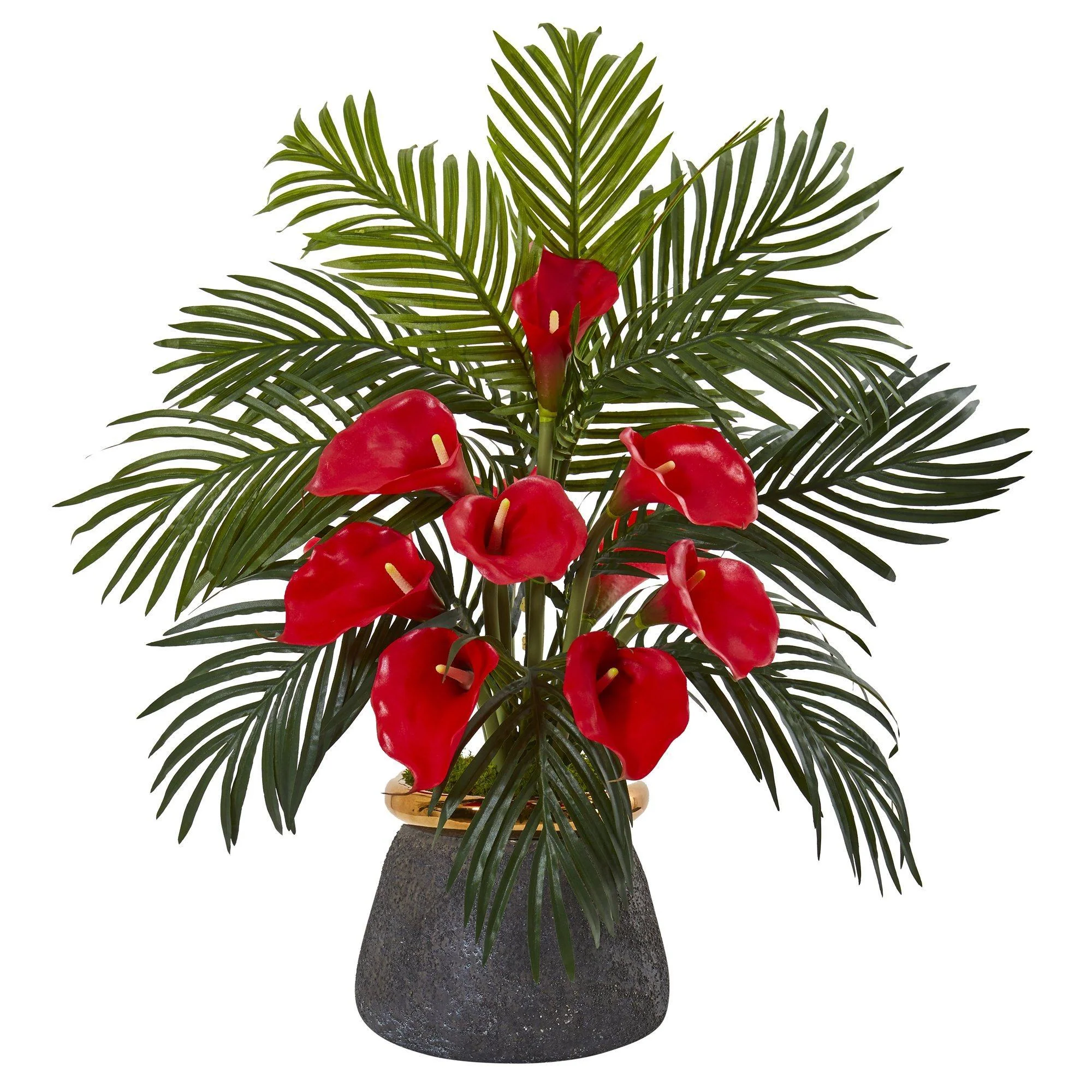 25” Calla Lilly and Areca Palm Arrangement in Stoneware Vase - Image 7