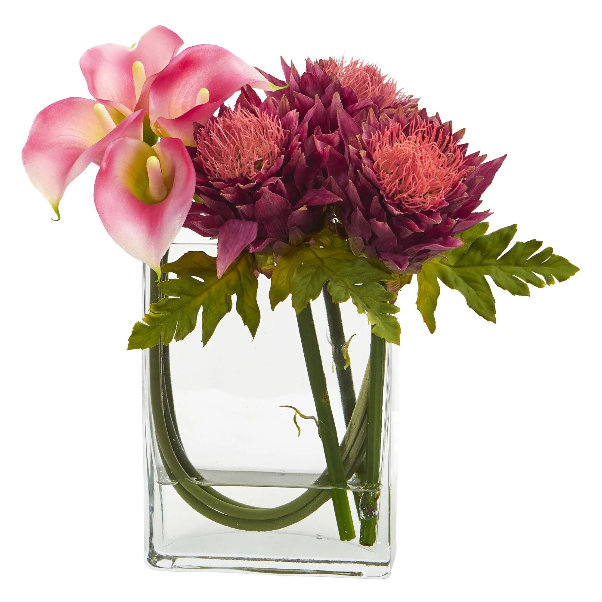 12’’ Calla Lily and Artichoke in Rectangular Glass Vase Artificial Arrangement - Image 3