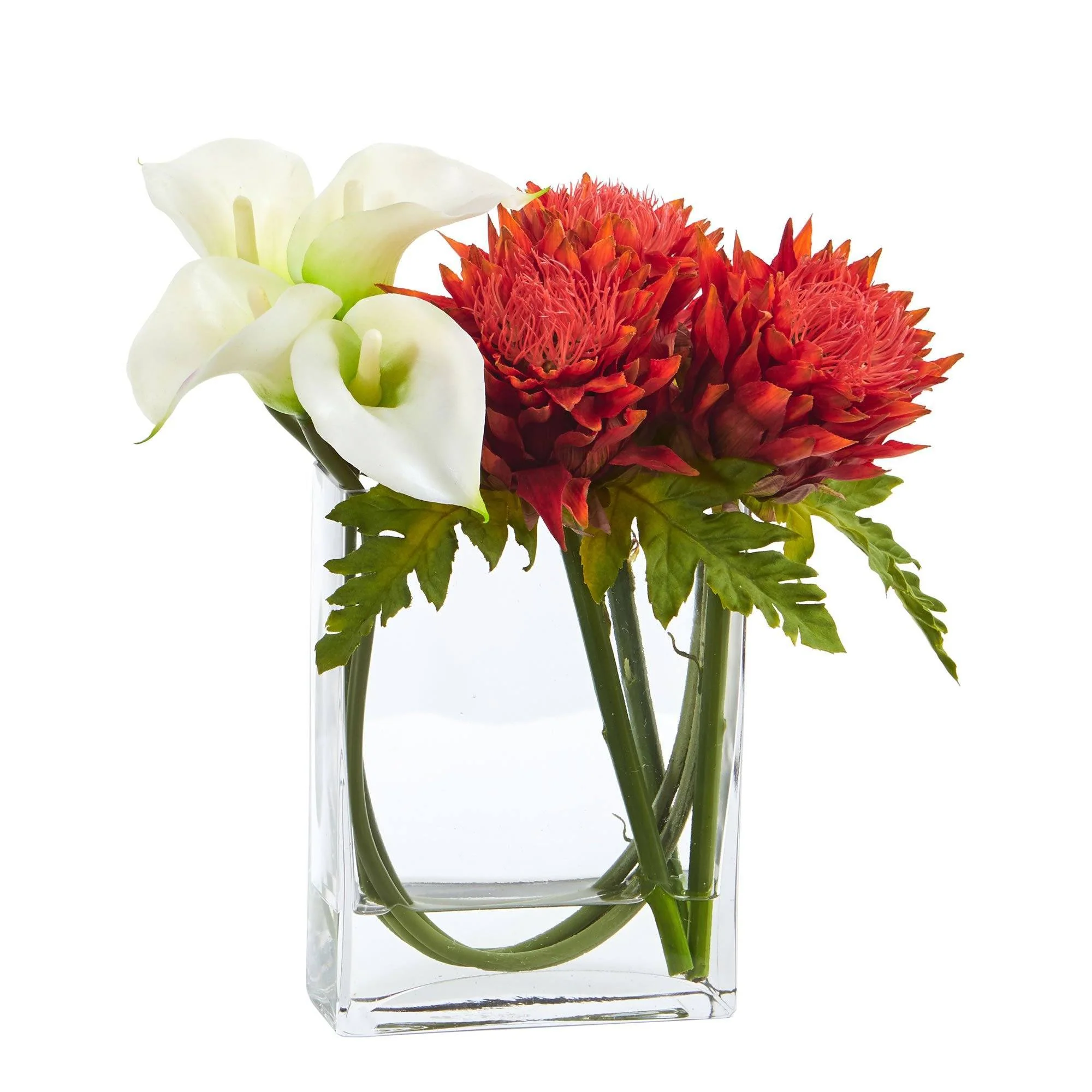 12’’ Calla Lily and Artichoke in Rectangular Glass Vase Artificial Arrangement - Image 4