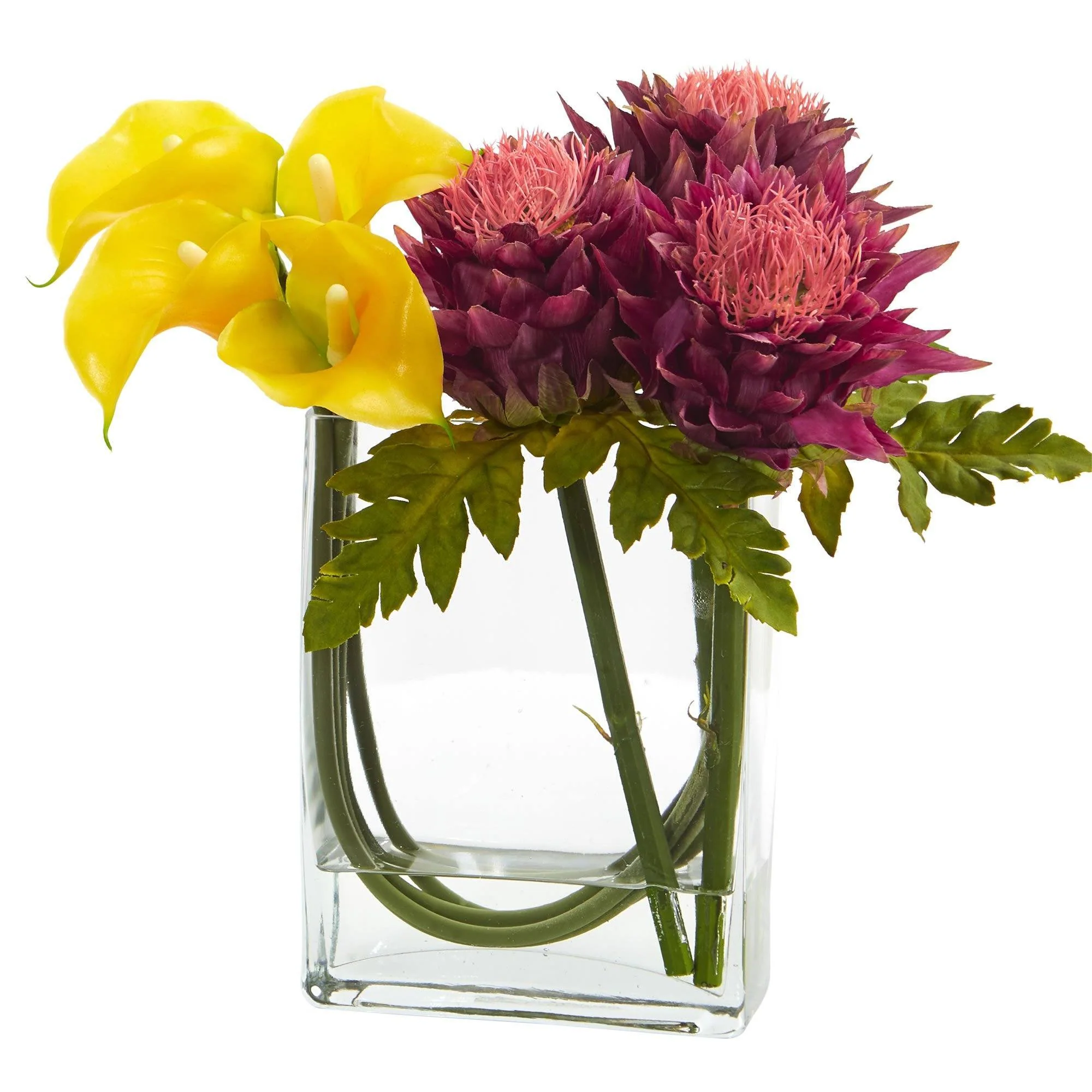 12’’ Calla Lily and Artichoke in Rectangular Glass Vase Artificial Arrangement - Image 5
