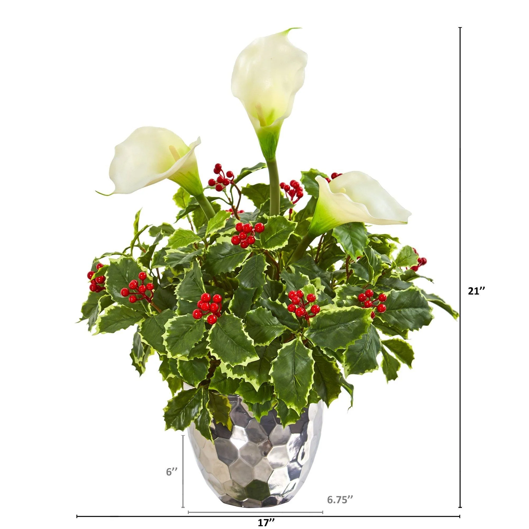 Calla Lilly and Holly Leaf Artificial Arrangement in Silver Vase - Image 2
