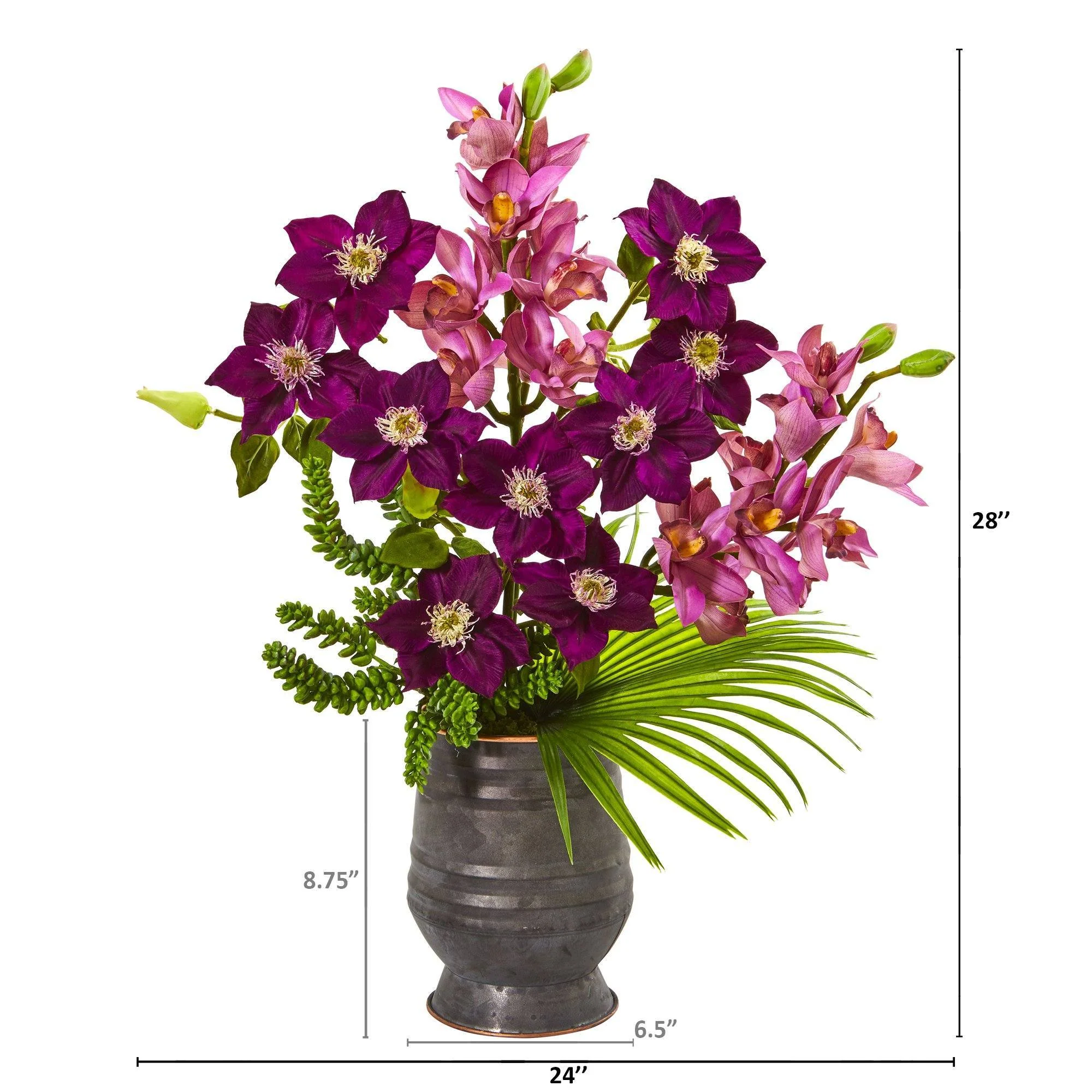 Cymbidium Orchid, Anemone, Succulent and Fan Palm Artificial Arrangement - Image 2