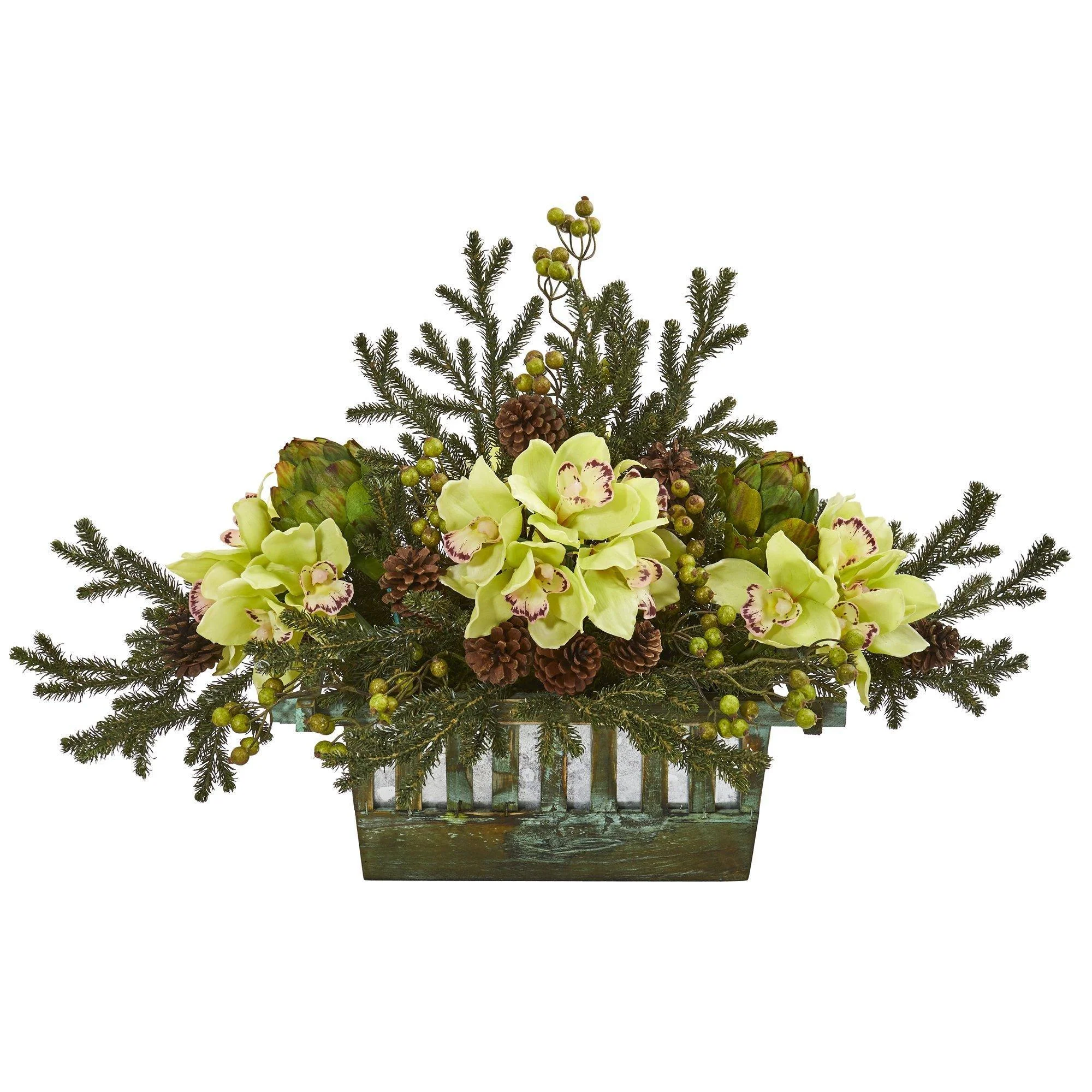 Cymbidium Orchid, Artichoke, Pine and Berries Artificial Arrangement