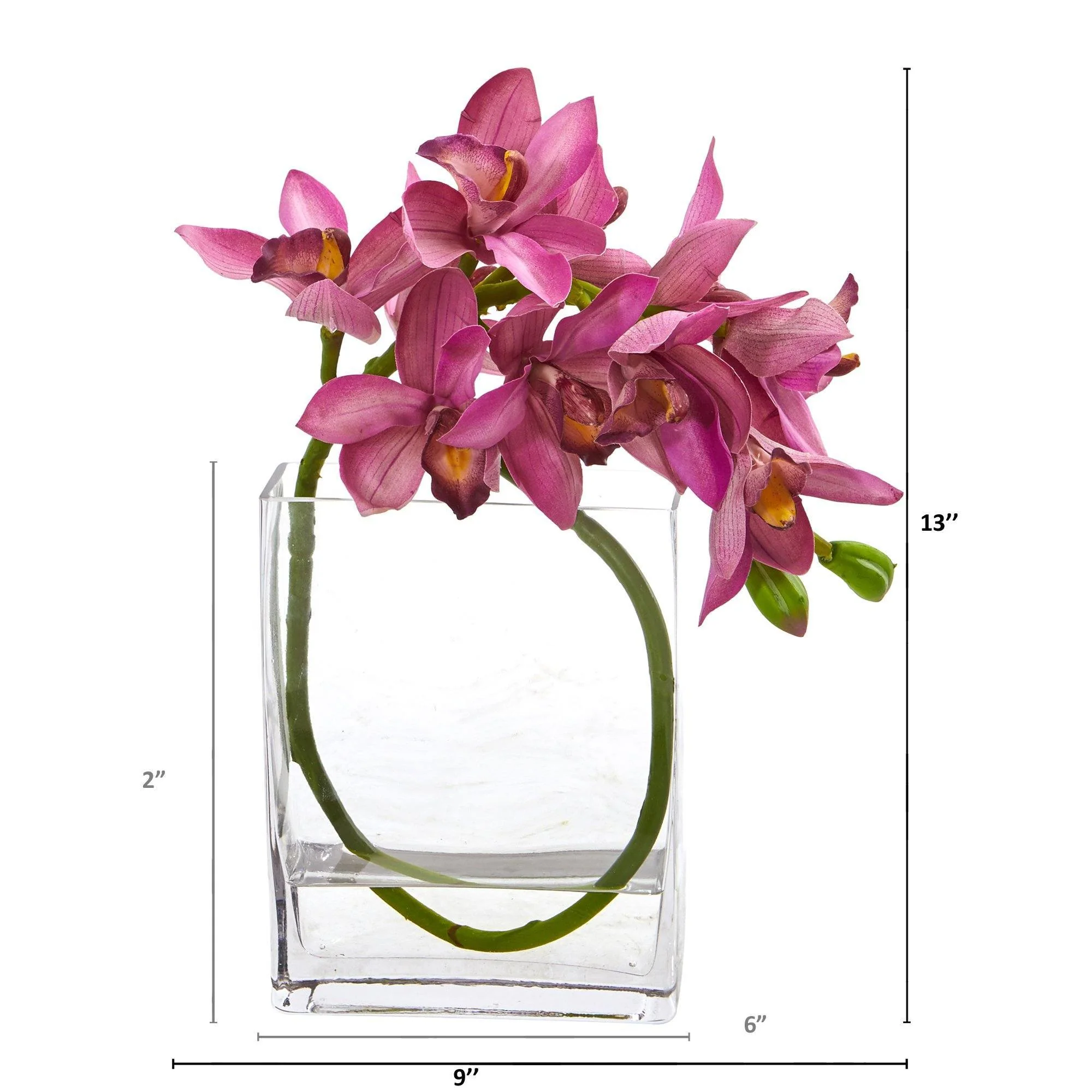 13” Cymbidium Orchid Artificial in Glass Vase - Image 3