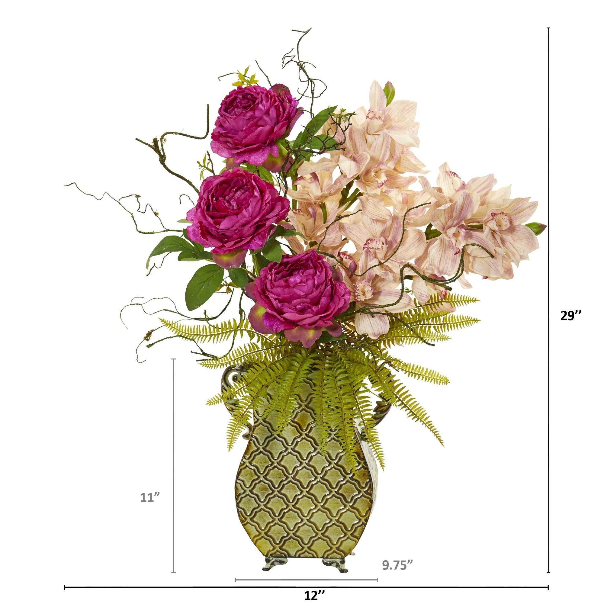 Cymbidium Orchid, Peony and Grass Artificial Arrangement - Image 2