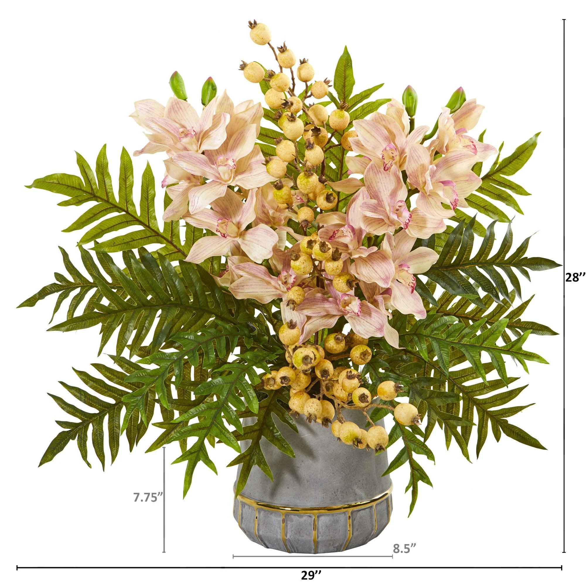Cymbidium Orchid, Pomegranate and Fern Artificial Arrangement - Image 2