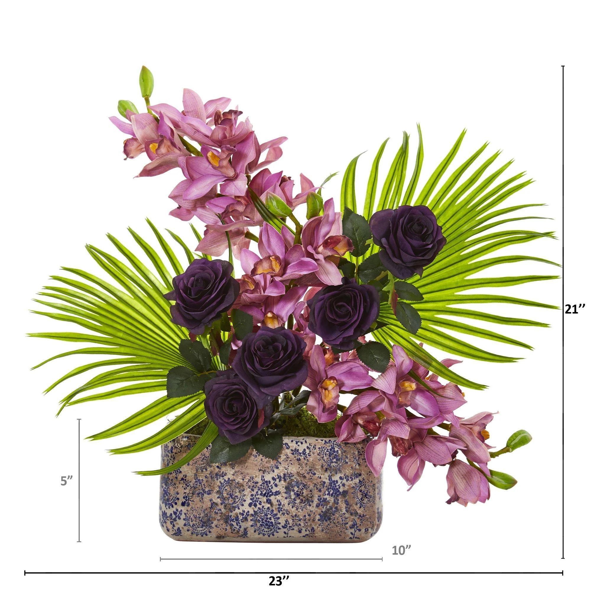 Cymbidium Orchid, Rose and Fan Palm Artificial Arrangement - Image 2