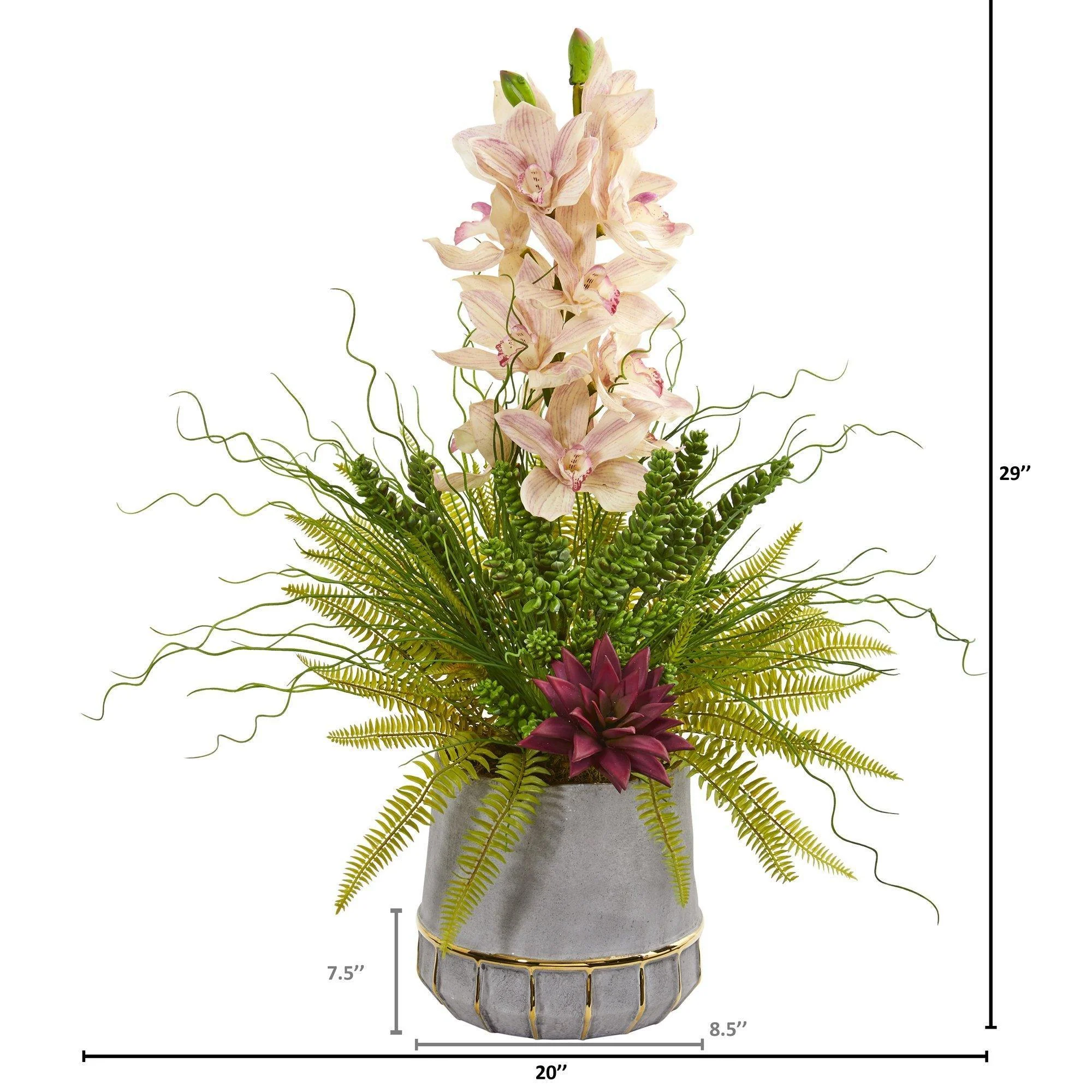 Cymbidium Orchid, Succulent and Grass Artificial Arrangement - Image 2