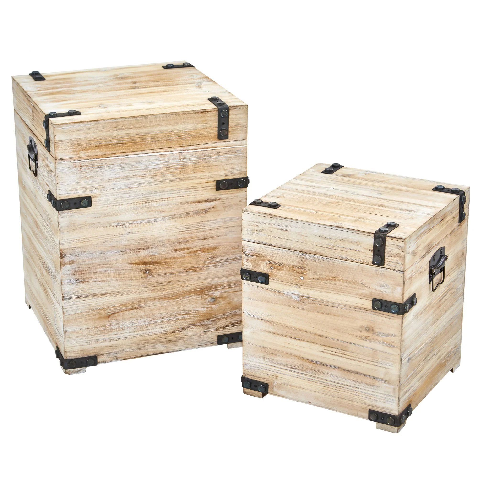 Decorative White Wash Storage Boxes-Trunks with Metal Detail (Set of 2) - Image 2