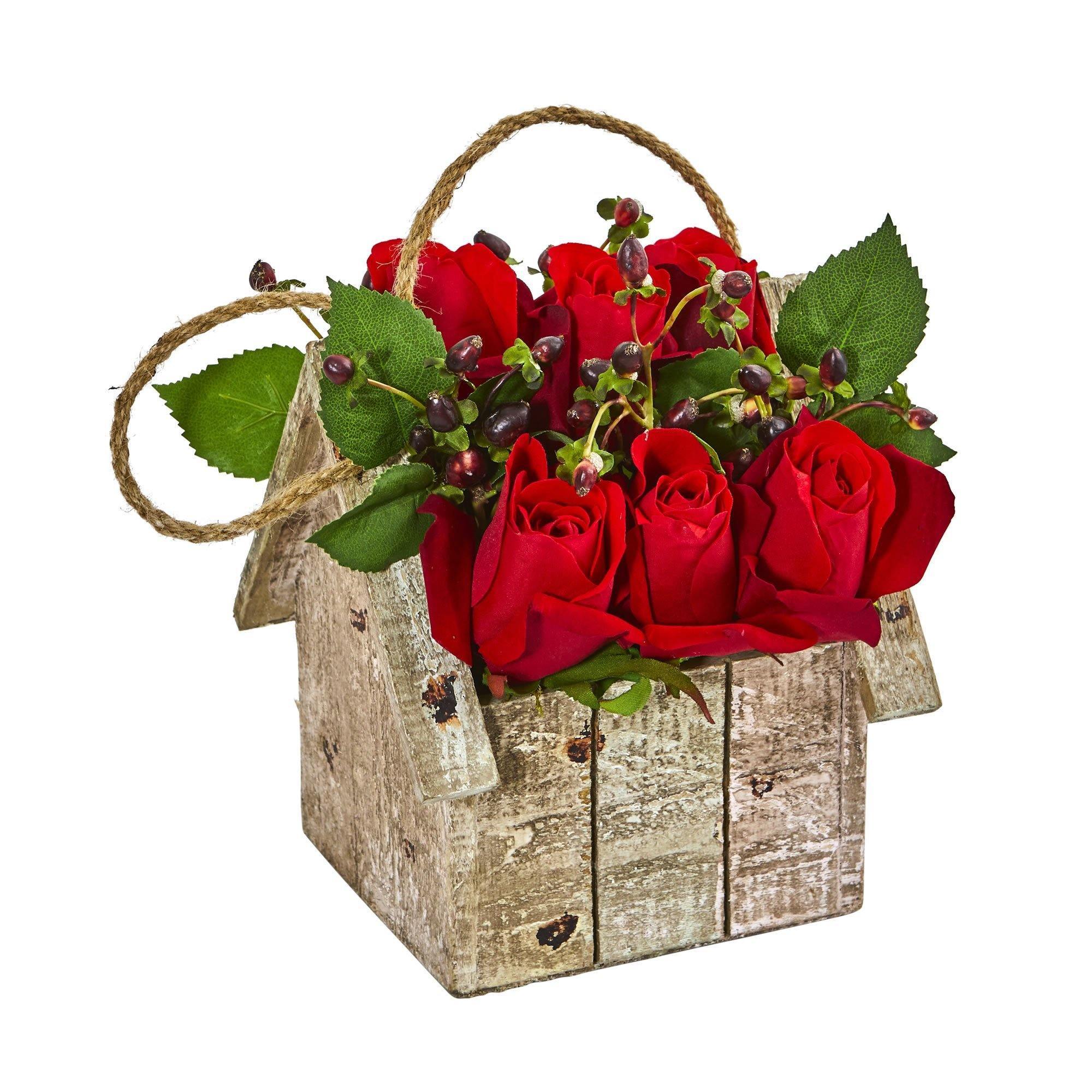 Elegant Rose Artificial Arrangement in Birdhouse Hanging Planter - Image 2