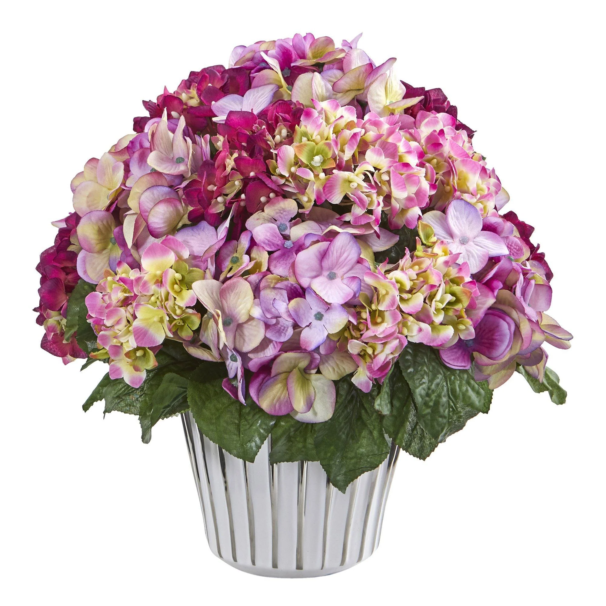 14” Hydrangea Arrangement in White Vase Silver Trimming - Image 2