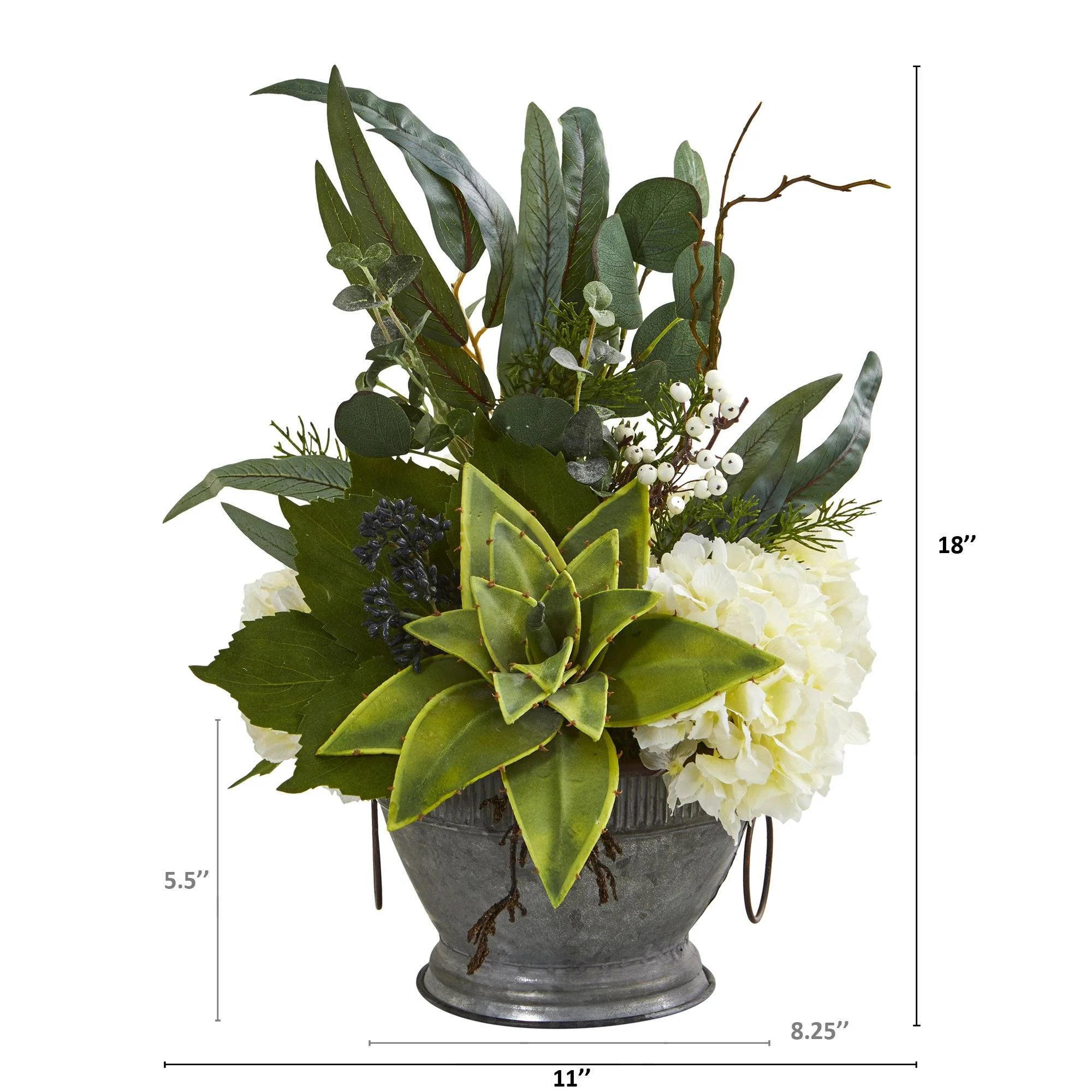 Hydrangea, Succulent and Eucalyptus Artificial Arrangement in Vintage Bowl with Copper Trimming - Image 2