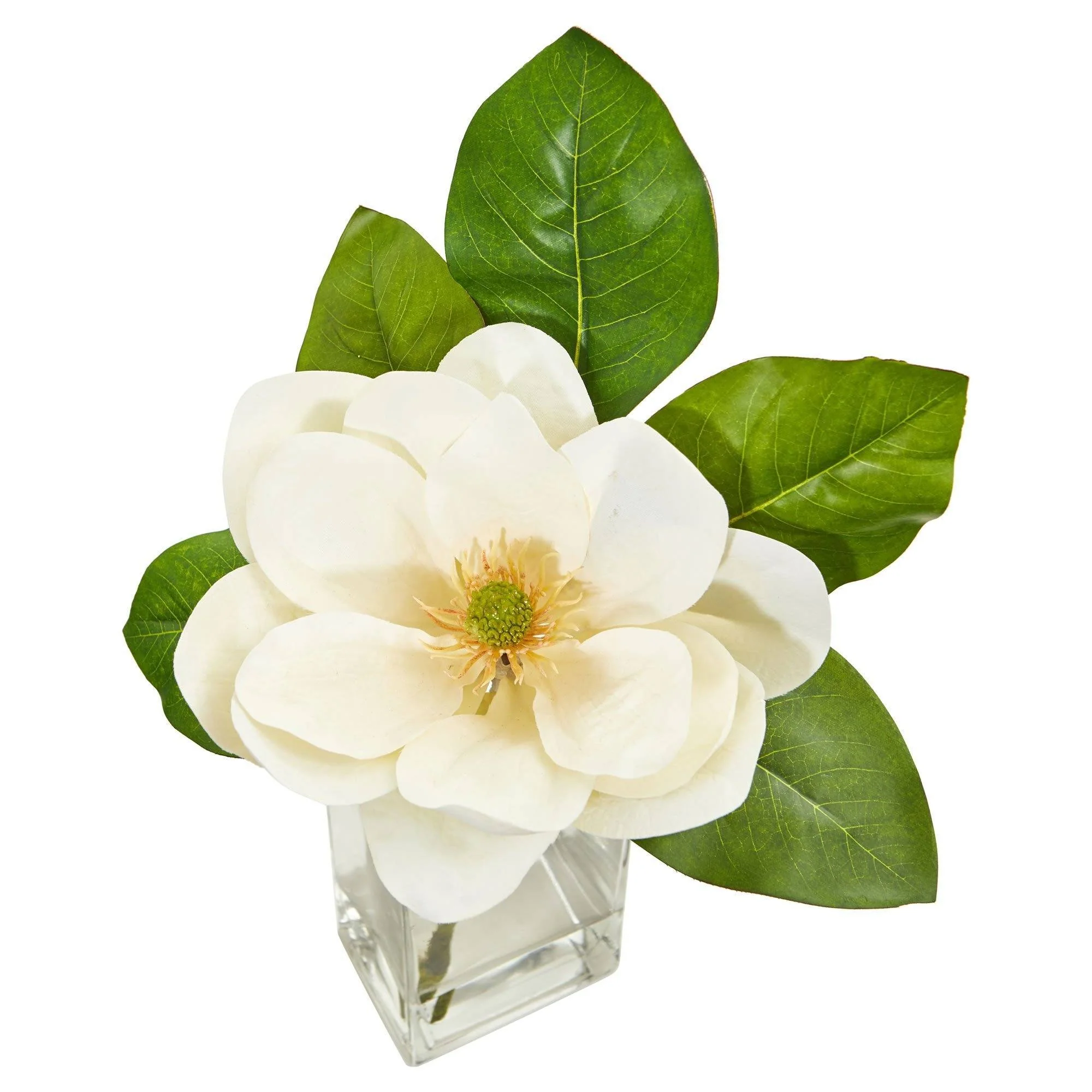 17" Artificial Large Magnolia Arrangement in Glass Vase" - Image 2