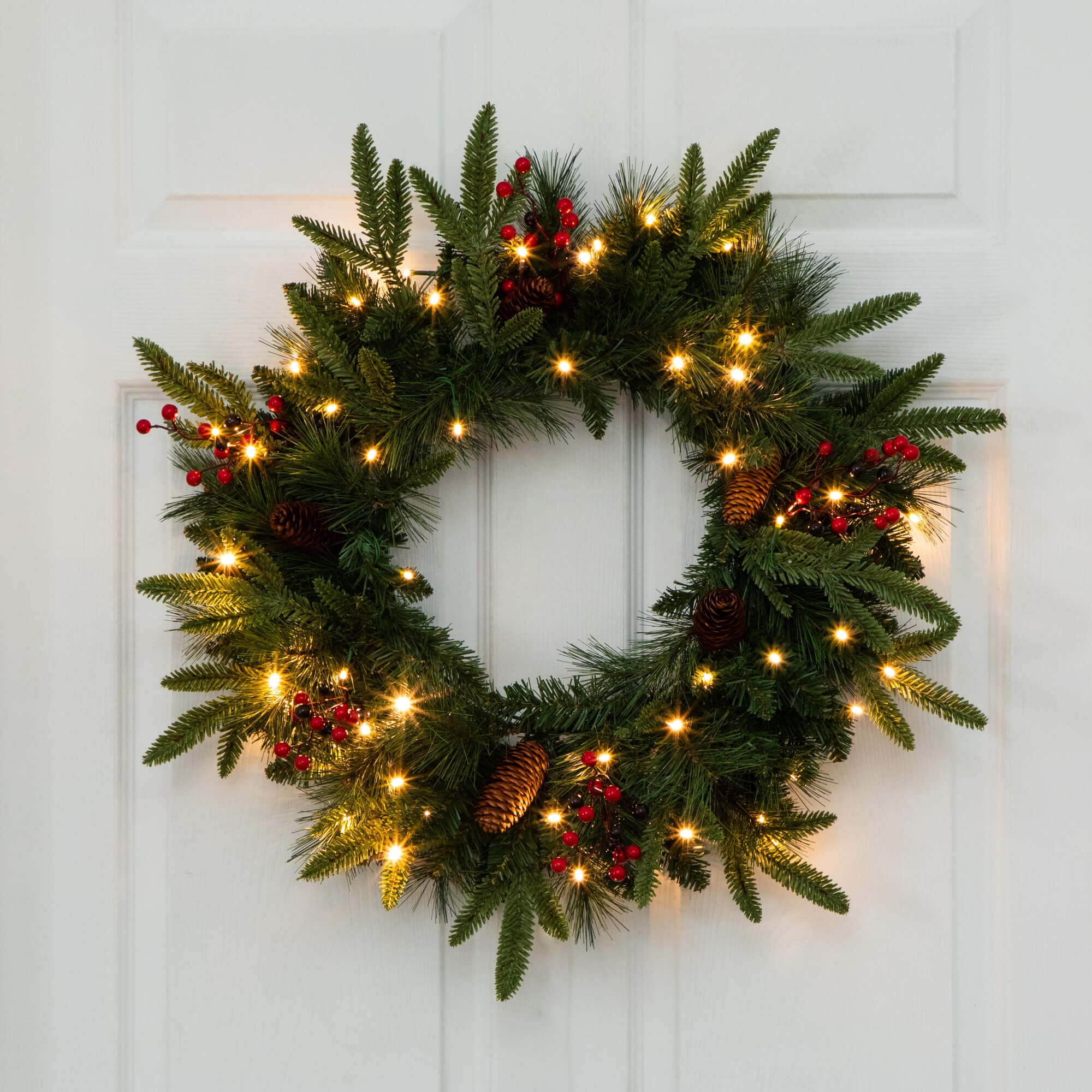 Pre-Lit Artificial Christmas Holiday 5 Piece Bundle with Pinecones & Berries- Set of 2 5' Christmas Trees, 24-in Wreath and set of 2 9-ft Garlands - Image 4