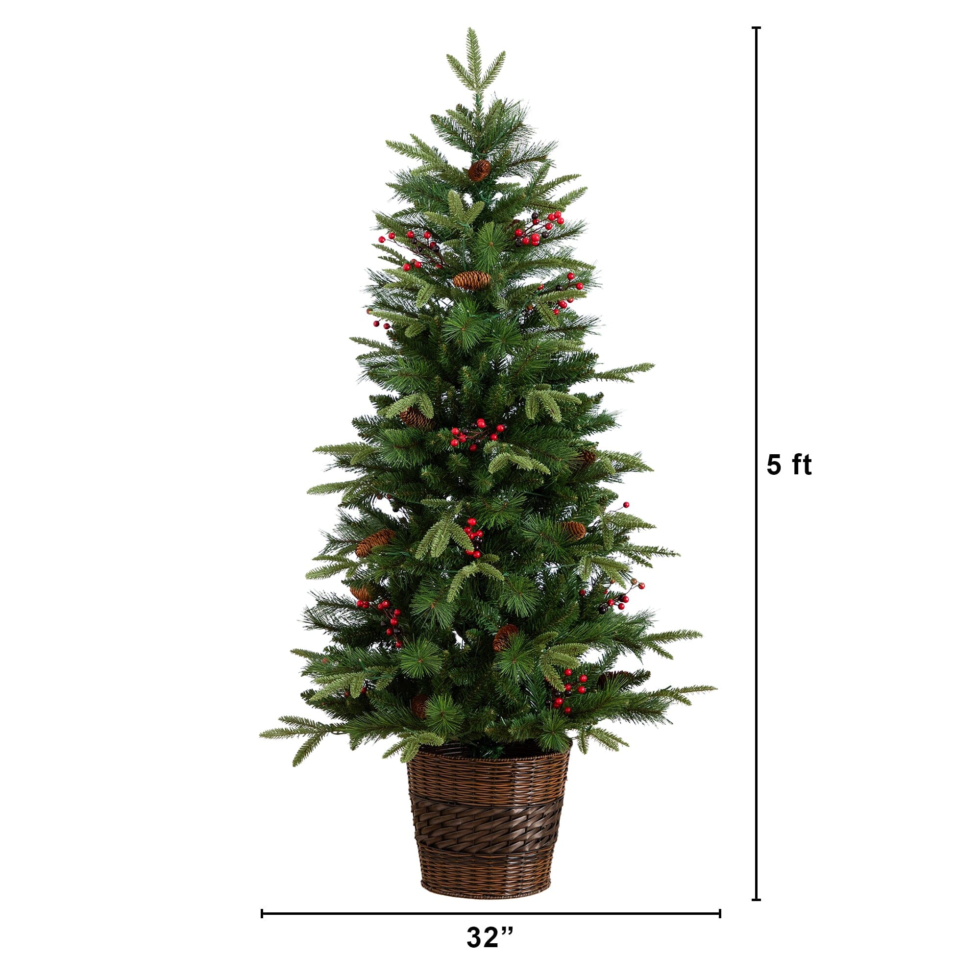 Pre-Lit Artificial Christmas Holiday 5 Piece Bundle with Pinecones & Berries- Set of 2 5' Christmas Trees, 24-in Wreath and set of 2 9-ft Garlands - Image 9