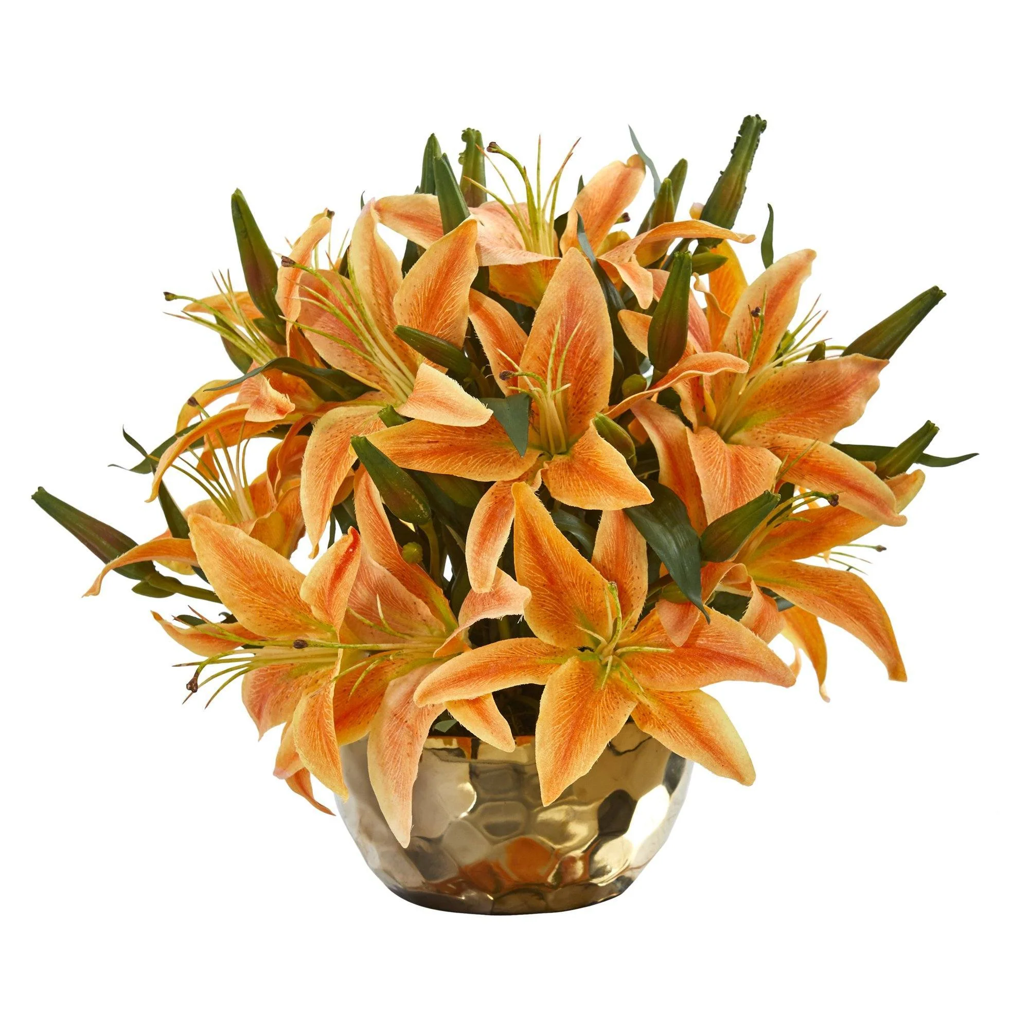 14” Lily Artificial Arrangement in Gold Vase - Image 3