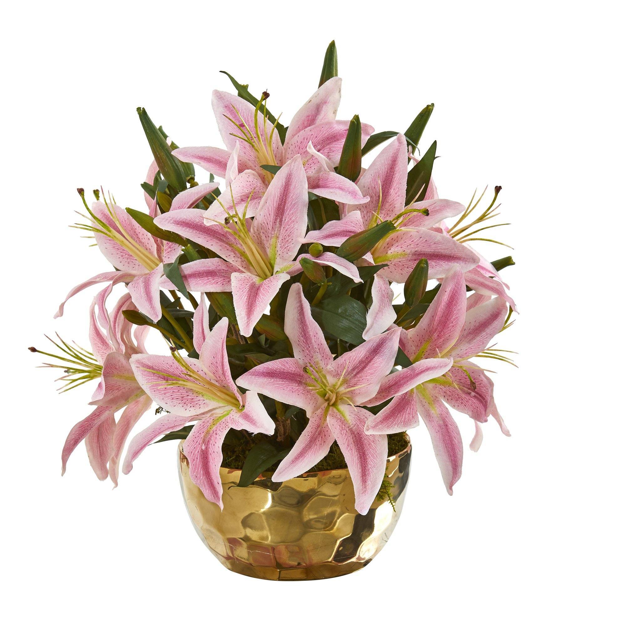 14” Lily Artificial Arrangement in Gold Vase - Image 5