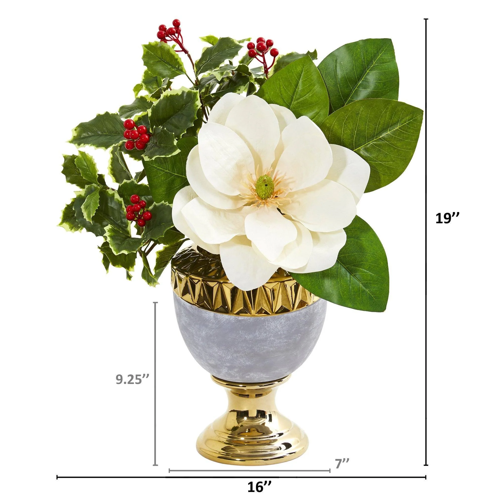 Magnolia and Holly Leaf Artificial Arrangement in Stoneware Urn - Image 2