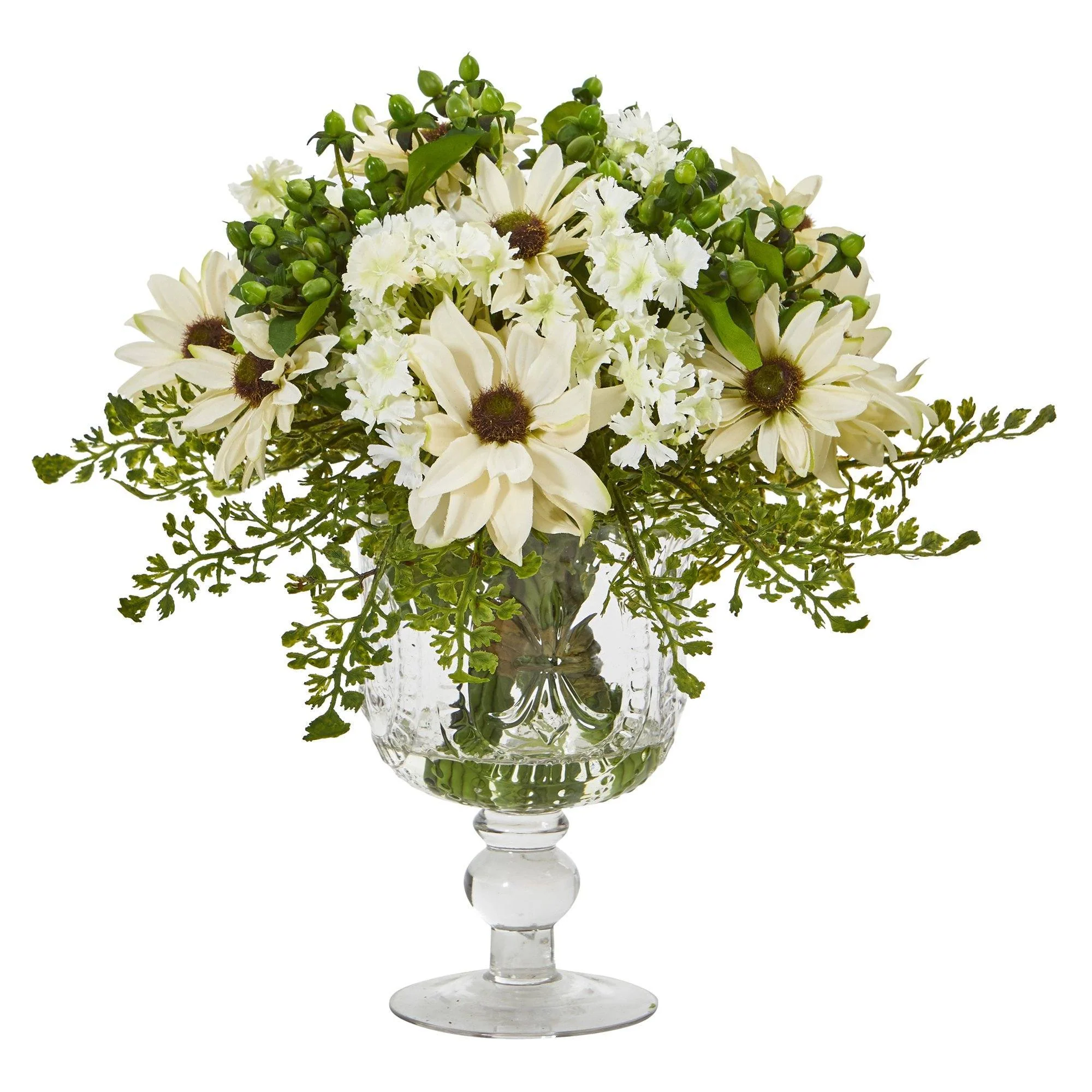 13” Mixed Daisy Artificial Arrangement in Royal Glass Urn - Image 2