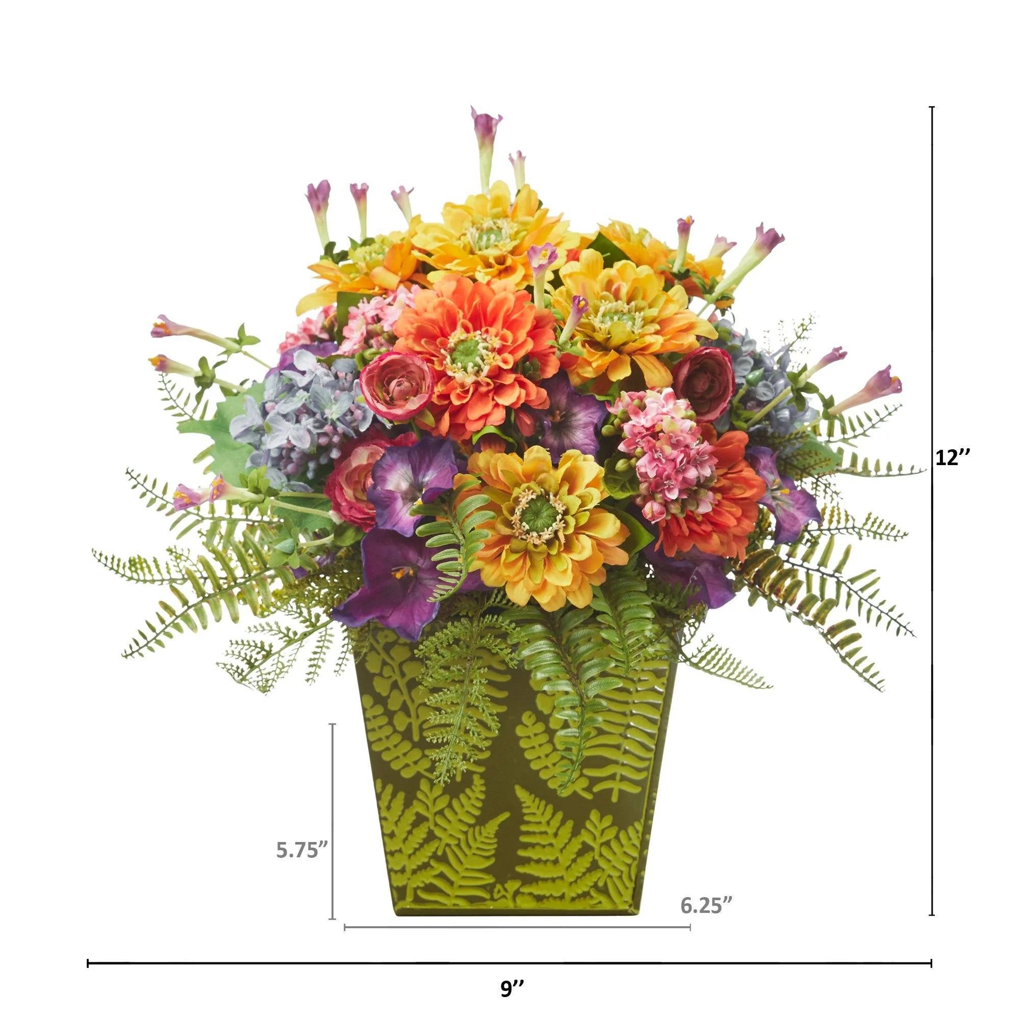 Mixed Flowers Artificial Arrangement in Green Vase - Image 2