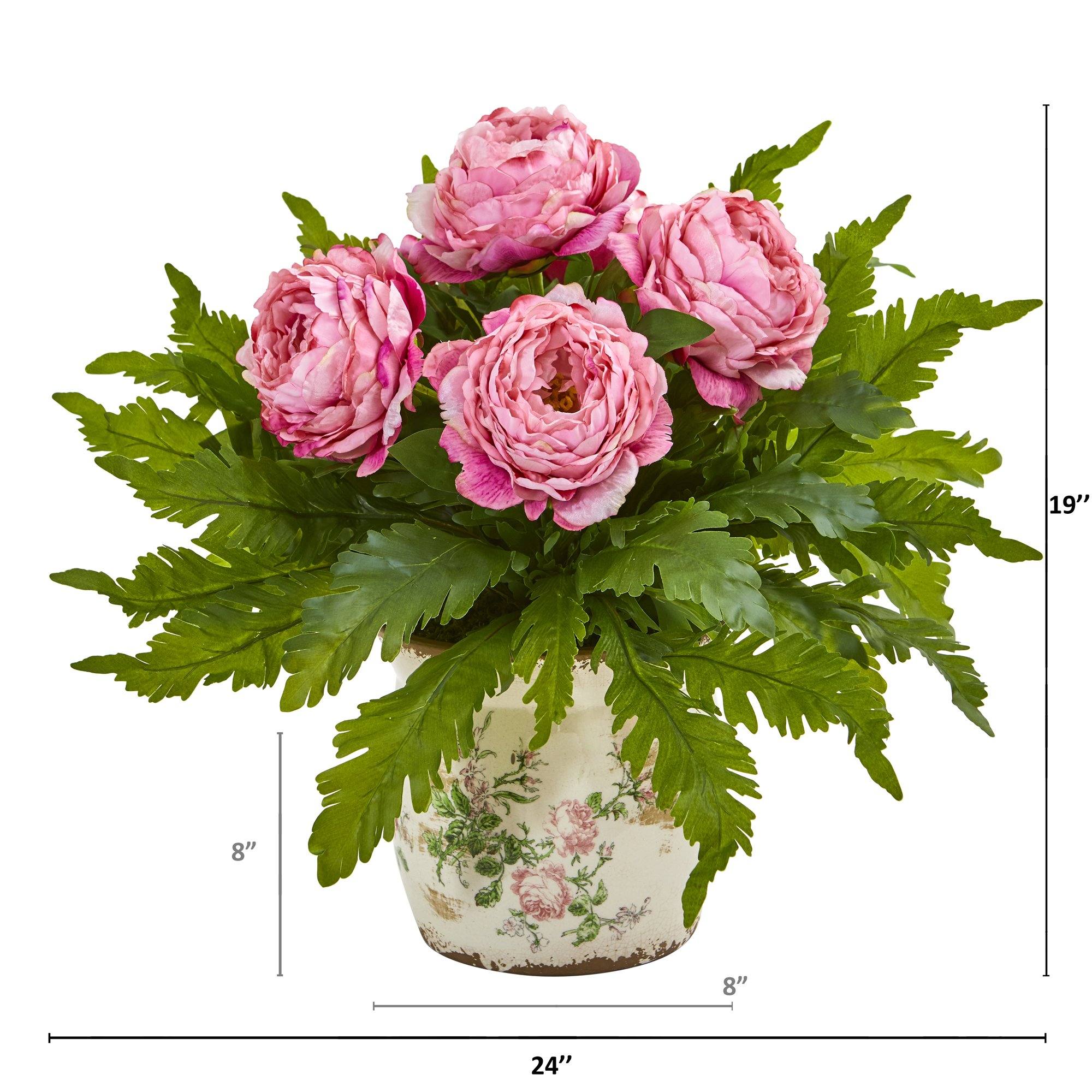 Peony and Fern Artificial Arrangement in Floral Vase - Image 2