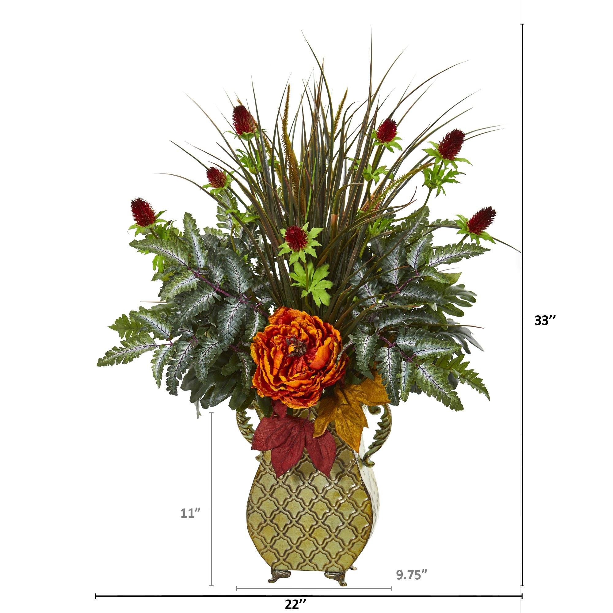 Peony Mixed Greens and Thistle Artificial Arrangement - Image 2
