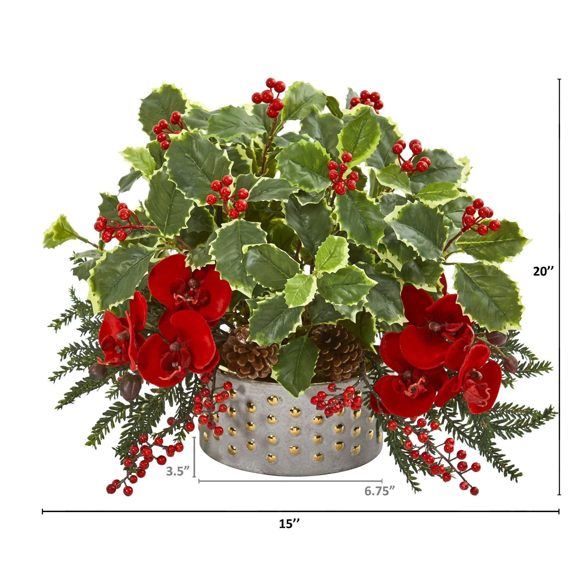 Phalaenopsis Orchid and Variegated Holly Leaf Artificial Arrangement - Image 2