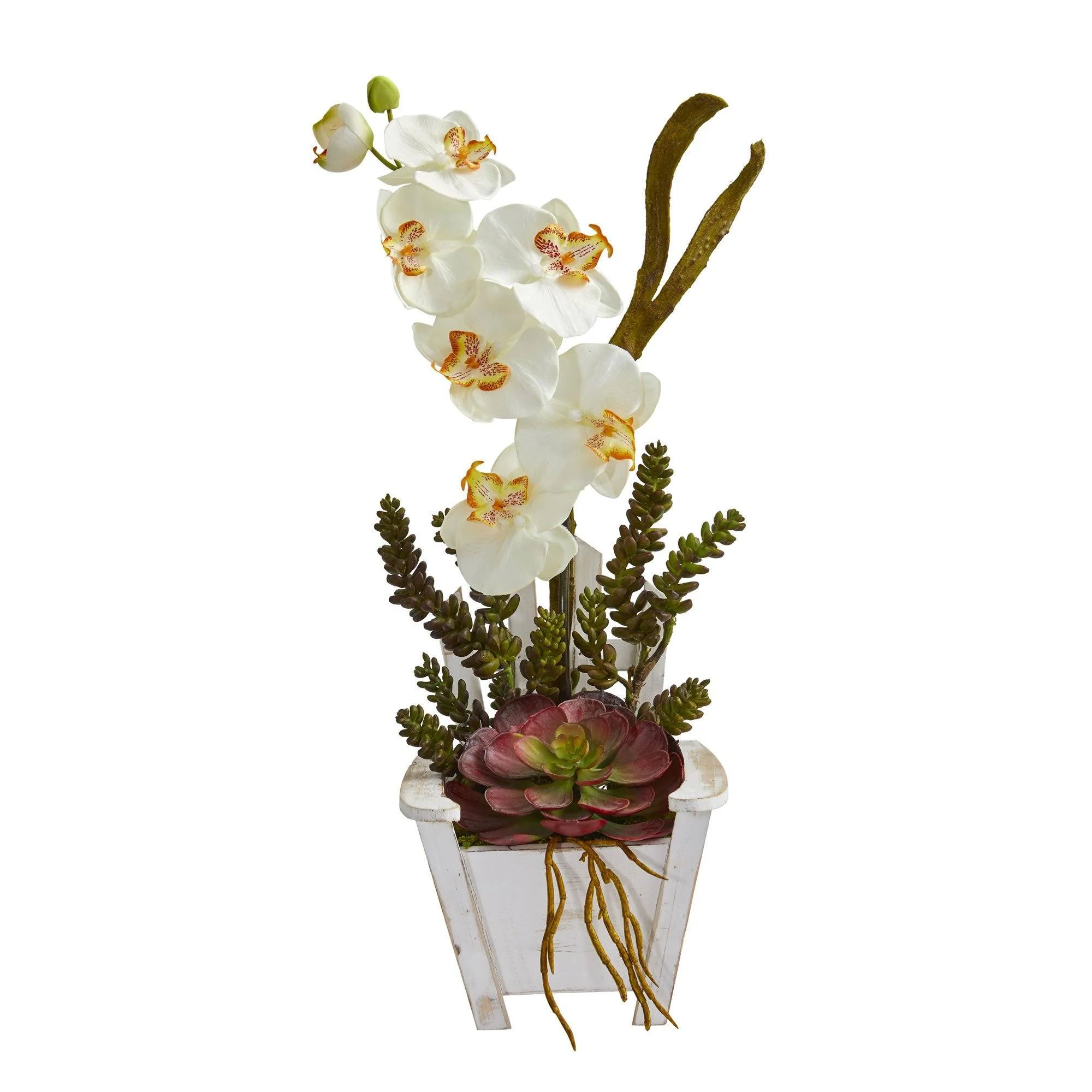 Phalaenopsis Orchid & Succulent Artificial Arrangement in Chair Planter - Image 3
