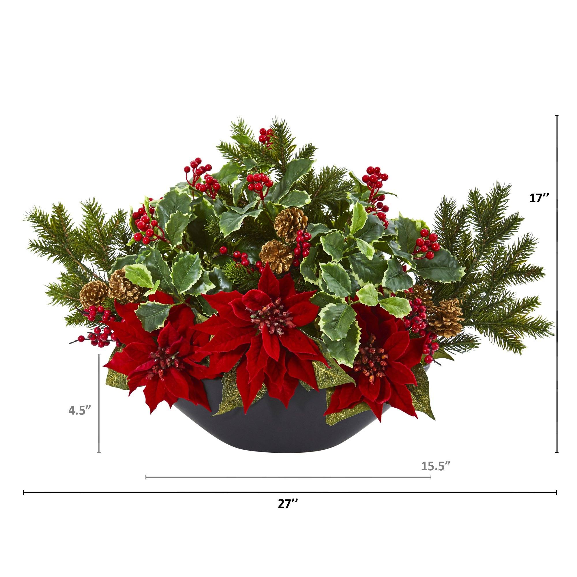 Poinsettia, Holly, Berry and Pine Artificial Arrangement - Image 2
