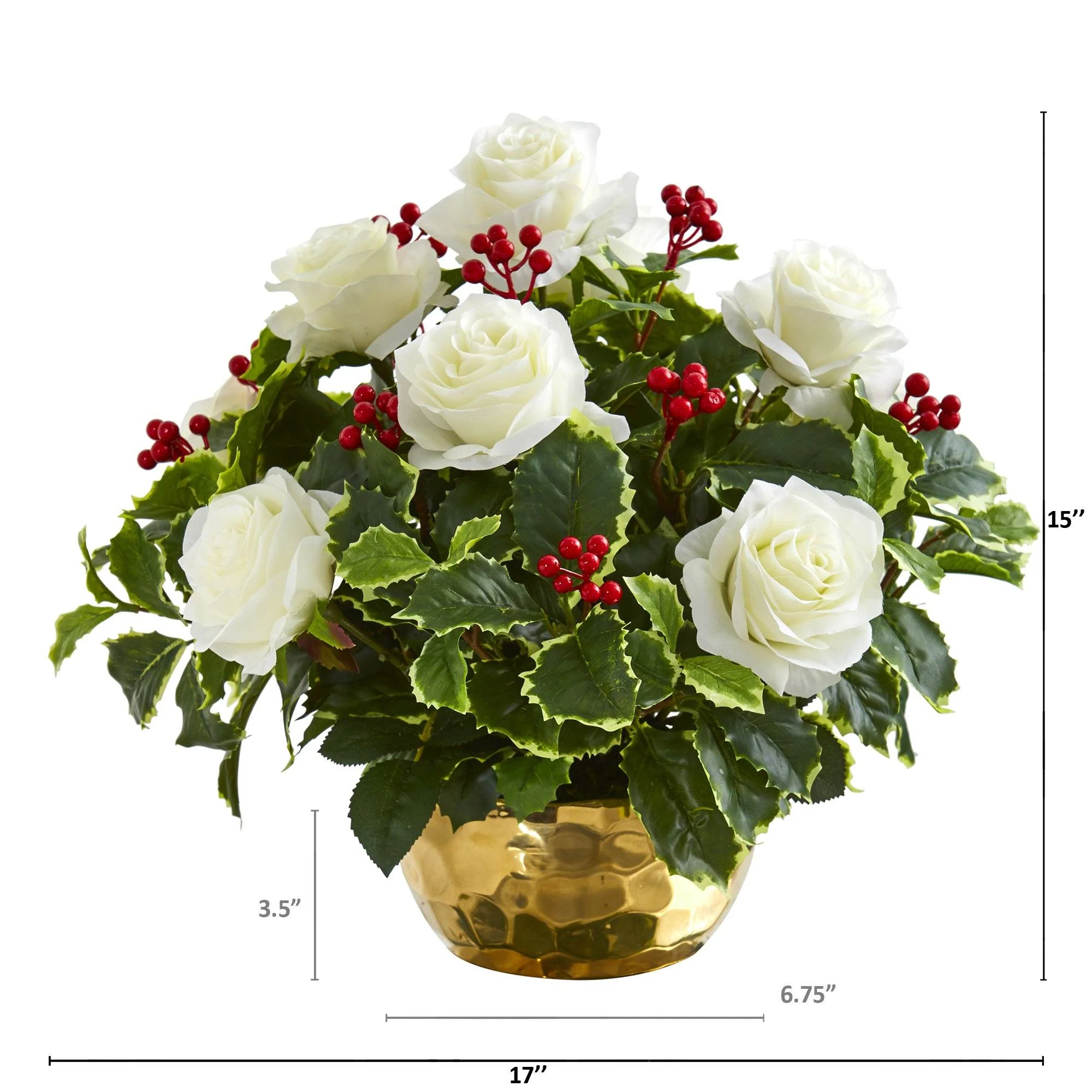 Rose and Variegated Holly Leaf Artificial Arrangement in Gold Bowl - Image 2