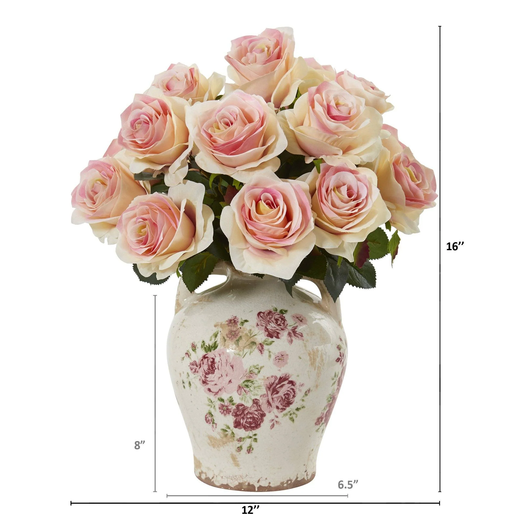 16” Rose Artificial Arrangement in Flower Print Jar - Image 2