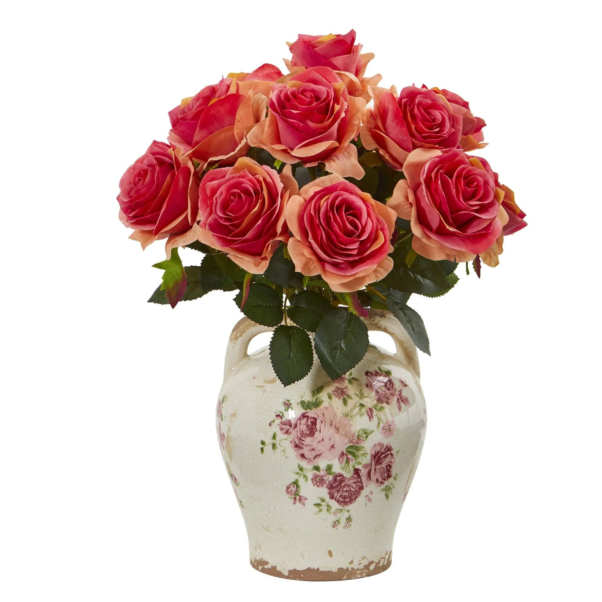 16” Rose Artificial Arrangement in Flower Print Jar - Image 3