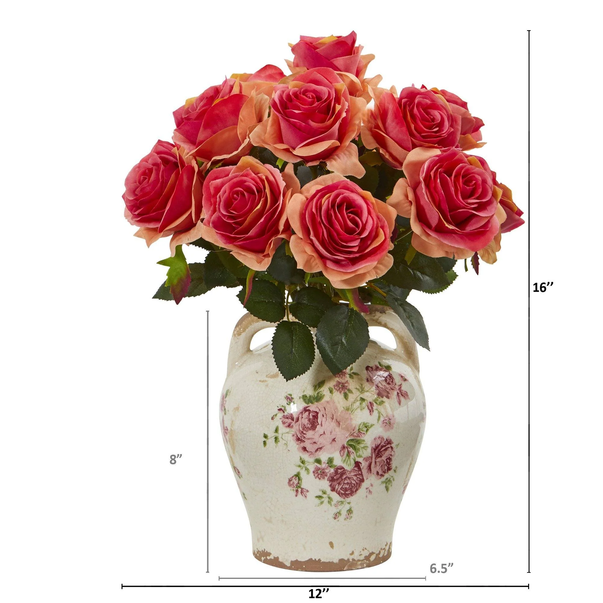 16” Rose Artificial Arrangement in Flower Print Jar - Image 4